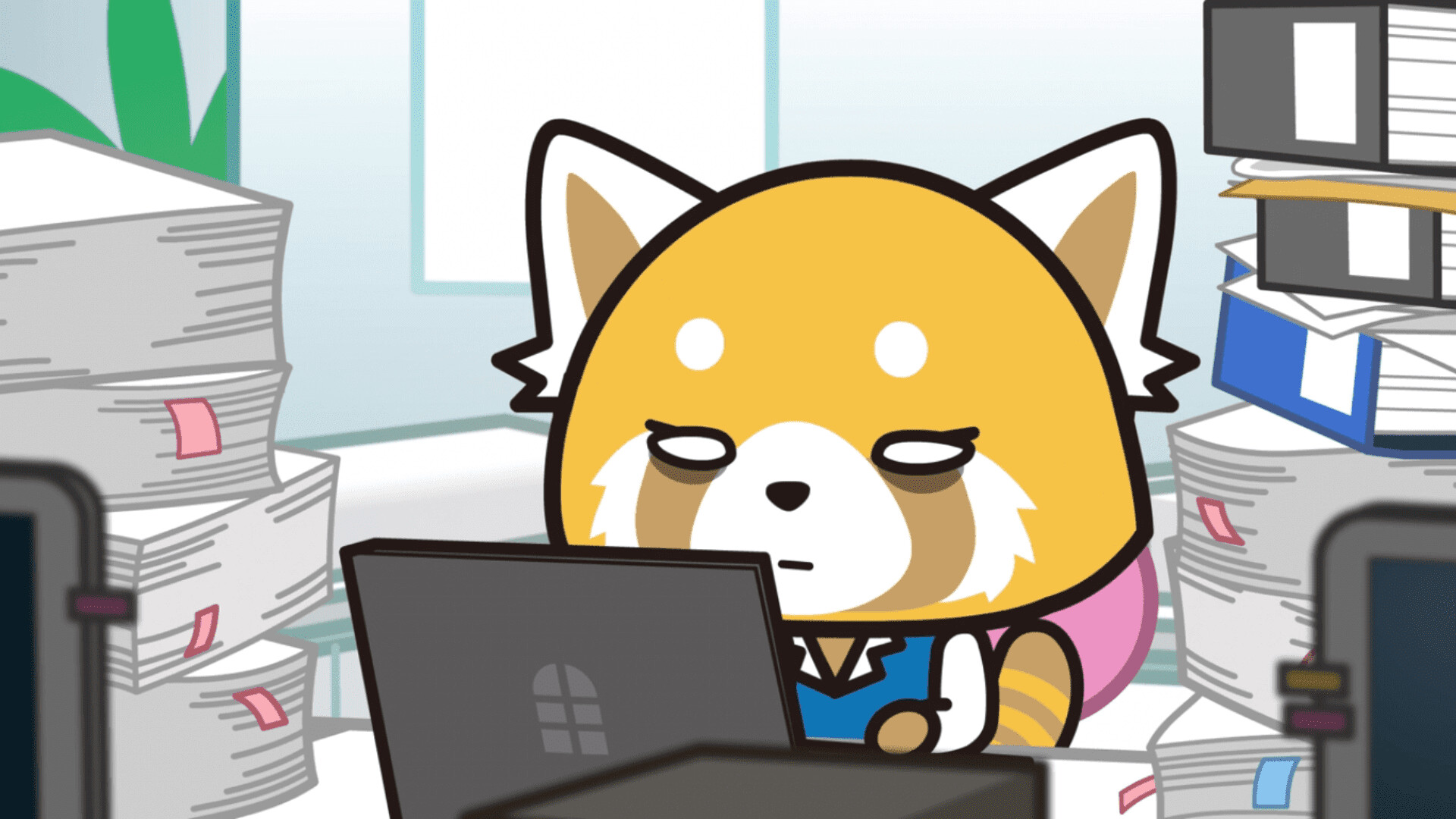 Aggretsuko: A series of 100 one-minute anime shorts aired between April 2, 2016 and March 31, 2018. 1920x1080 Full HD Background.