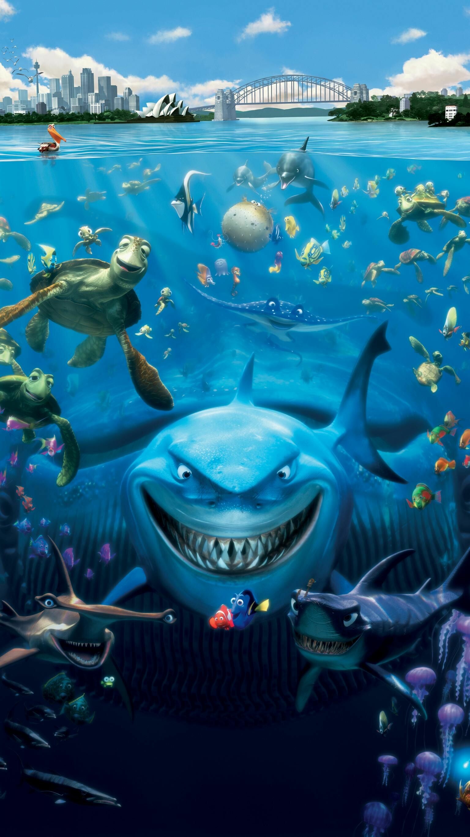 Finding Nemo: Marlin, Dory, Bruce, Crush, a sea turtle. 1540x2740 HD Wallpaper.