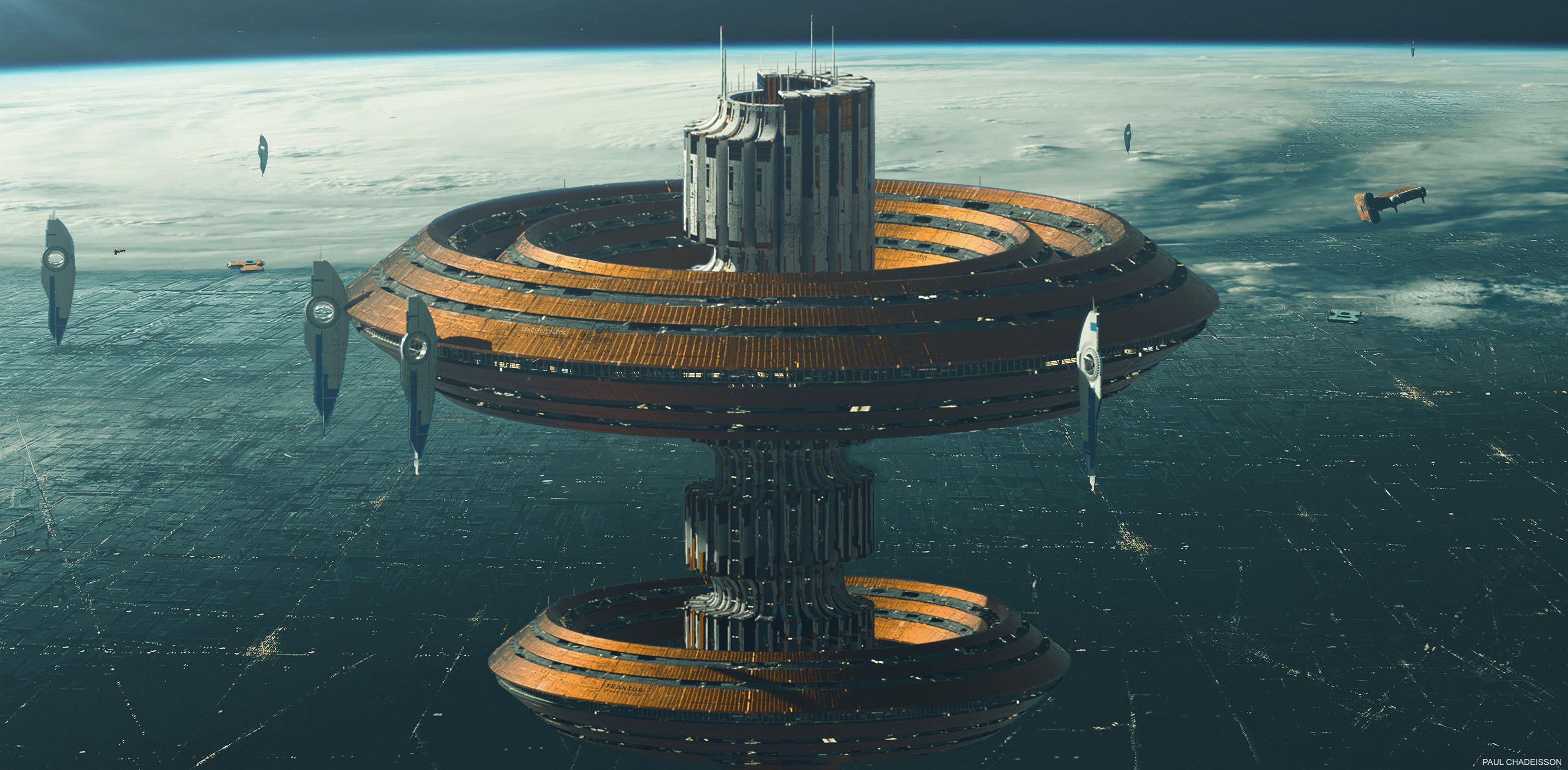 Foundation (TV Series): The Star Bridge, A space elevator linking the planet Trantor to the orbiting Trantor Station. 3000x1480 Dual Screen Wallpaper.