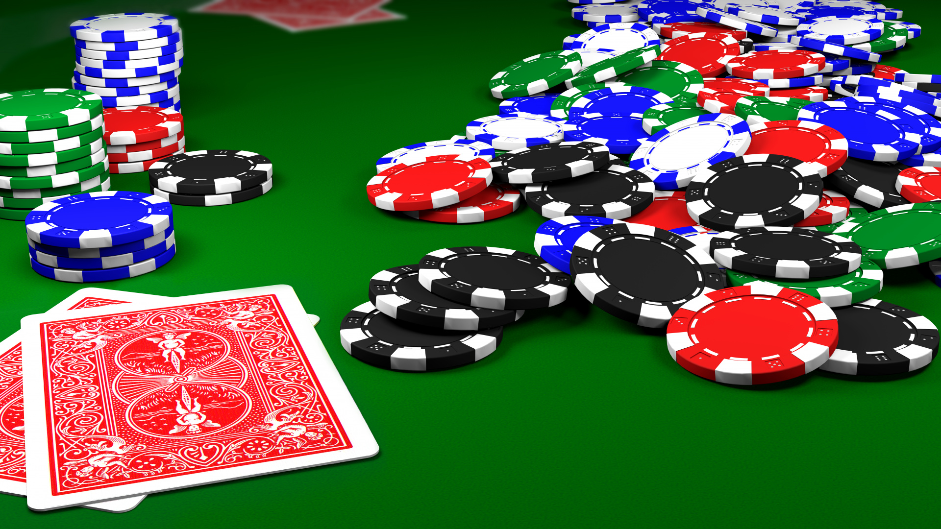 Poker: Clay chips, Casino poker chips, A standardized size, 3.9cm in diameter, 3.5cm thick. 1920x1080 Full HD Background.