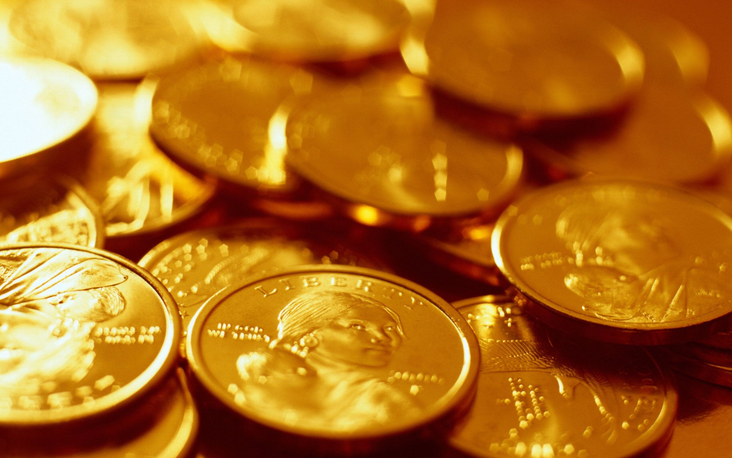 Gold Coins, Precious currency, Wealth symbol, Shimmering treasure, 2560x1600 HD Desktop