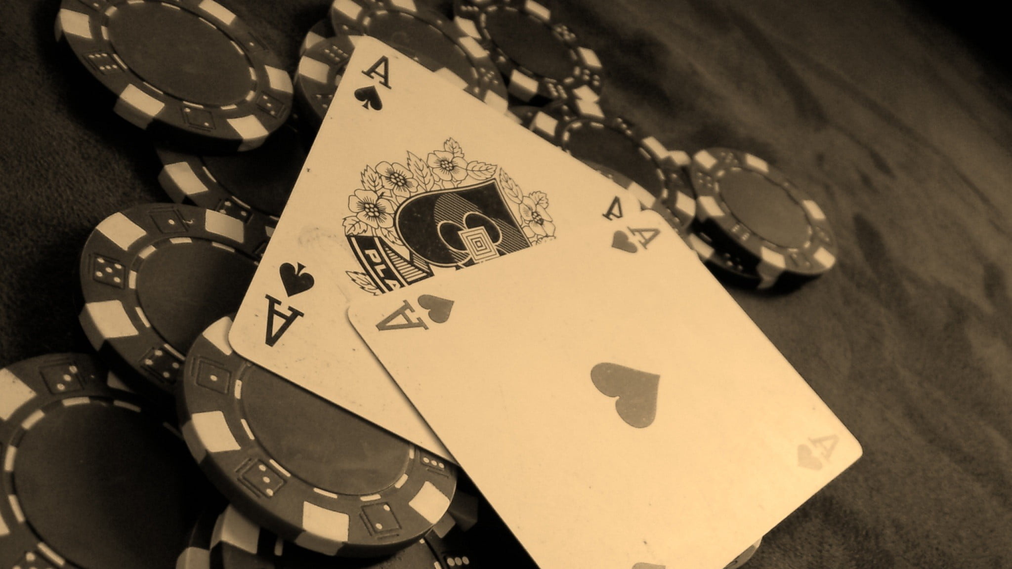 Poker: Two aces, The best Hold’em poker hand, Black and white. 2050x1160 HD Background.