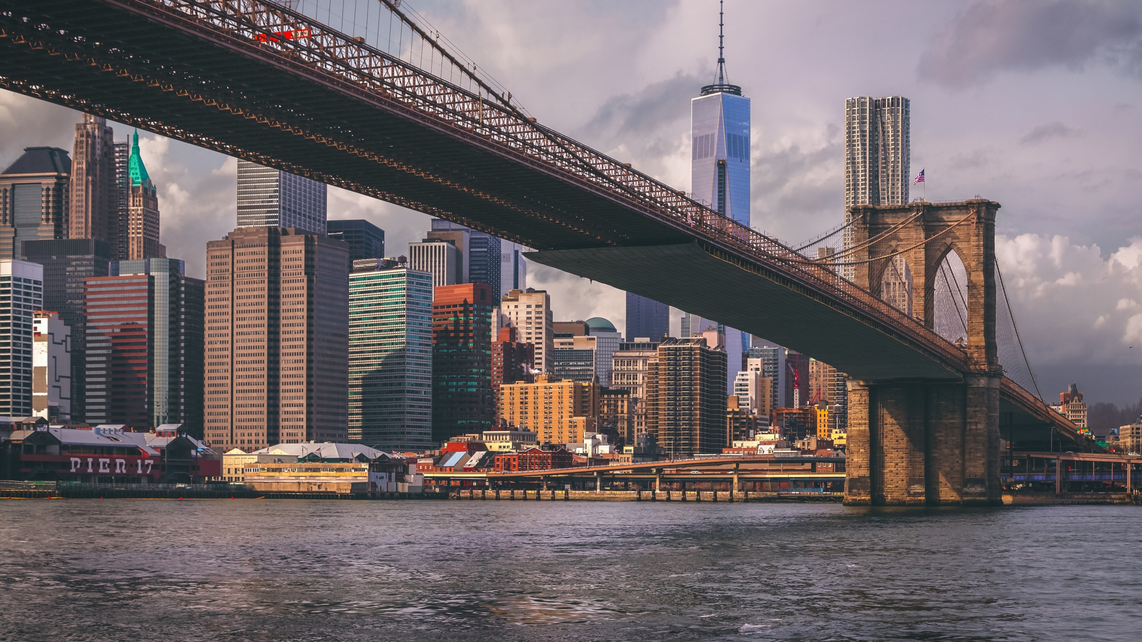 Bridge: The Brooklyn Bridge, East River between the boroughs of Manhattan and Brooklyn, New York. 3840x2160 4K Background.