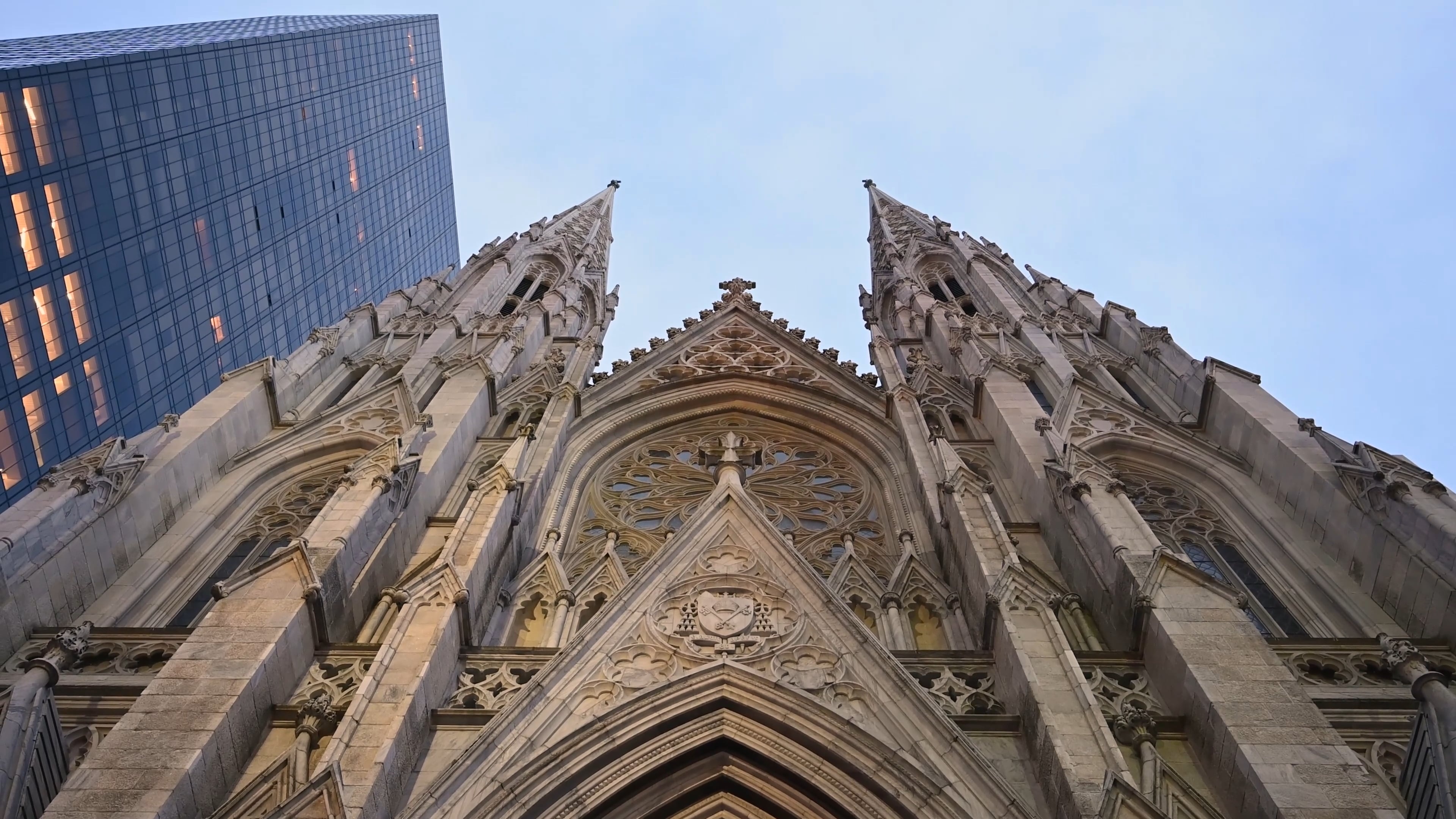 Gothic Architecture: Church, St. Patrick's Cathedral, New York, West front, Rose window, Towers, Spires. 3840x2160 4K Background.