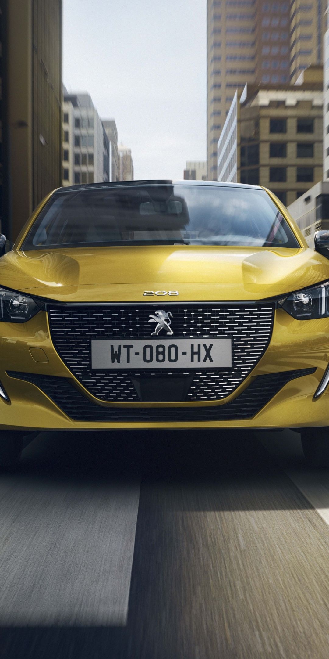 Peugeot 208, Vibrant yellow car, Dynamic motion blur, Striking wallpaper, 1080x2160 HD Phone