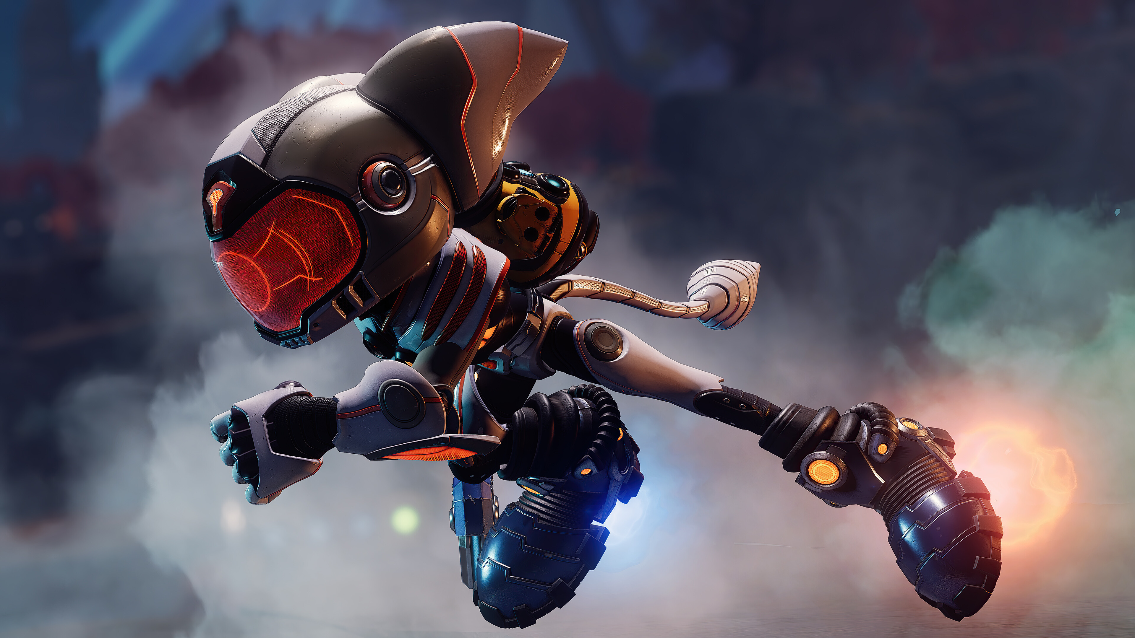 Ratchet and Clank: Rift Apart: An action game in which players assume the role of a fox-like character. 3840x2160 4K Background.