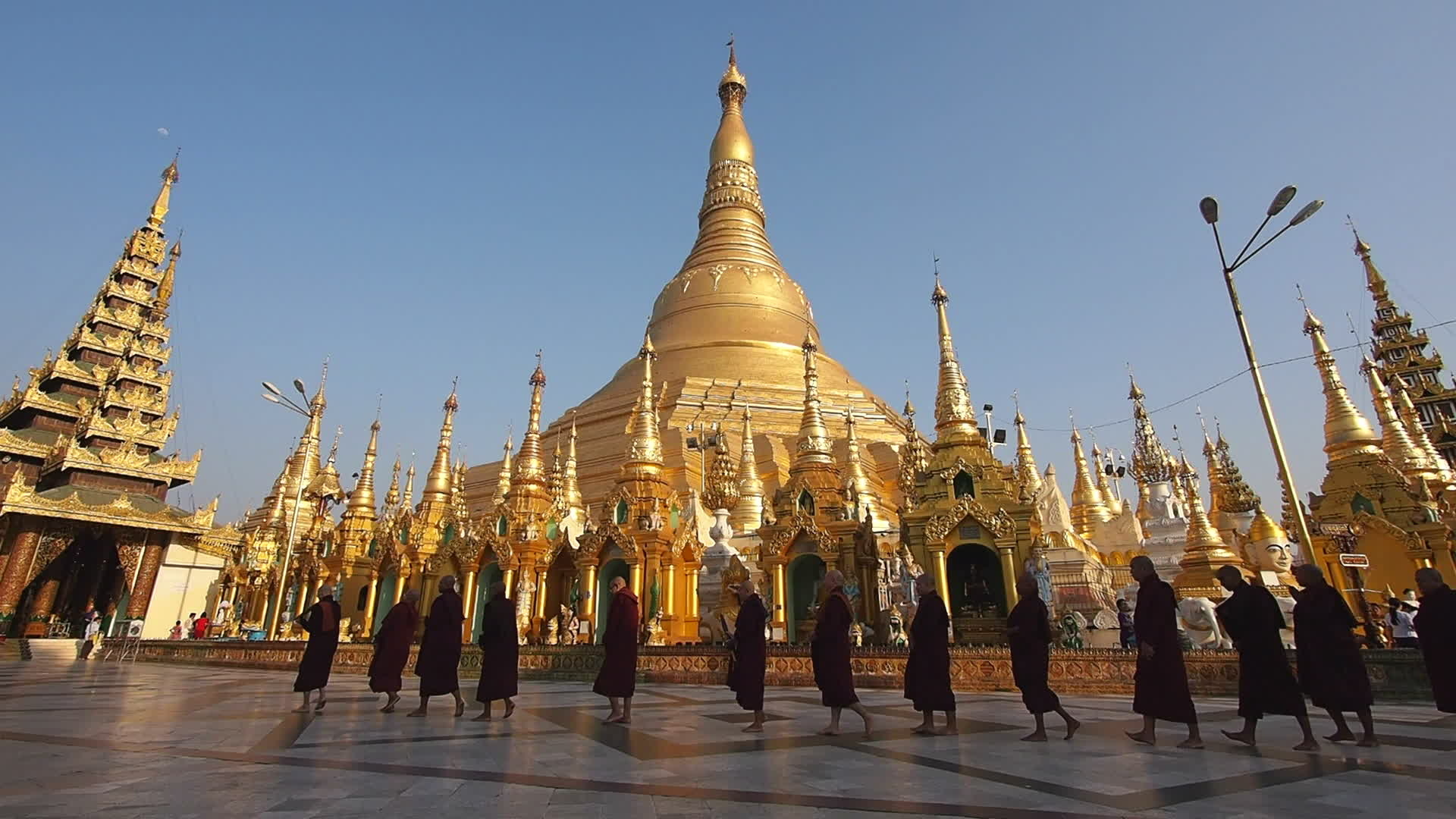Buddhist monks, Shwedagon Pagoda, Spiritual walk, Cultural experience, 1920x1080 Full HD Desktop