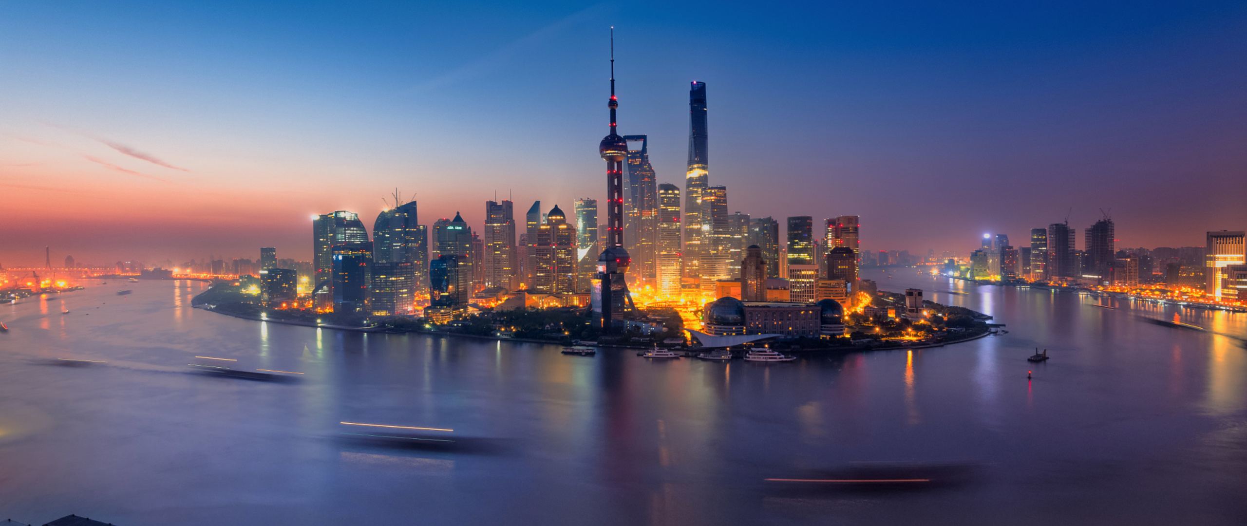 Shanghai Skyline, China buildings, City lights, HD wallpapers, 2560x1080 Dual Screen Desktop