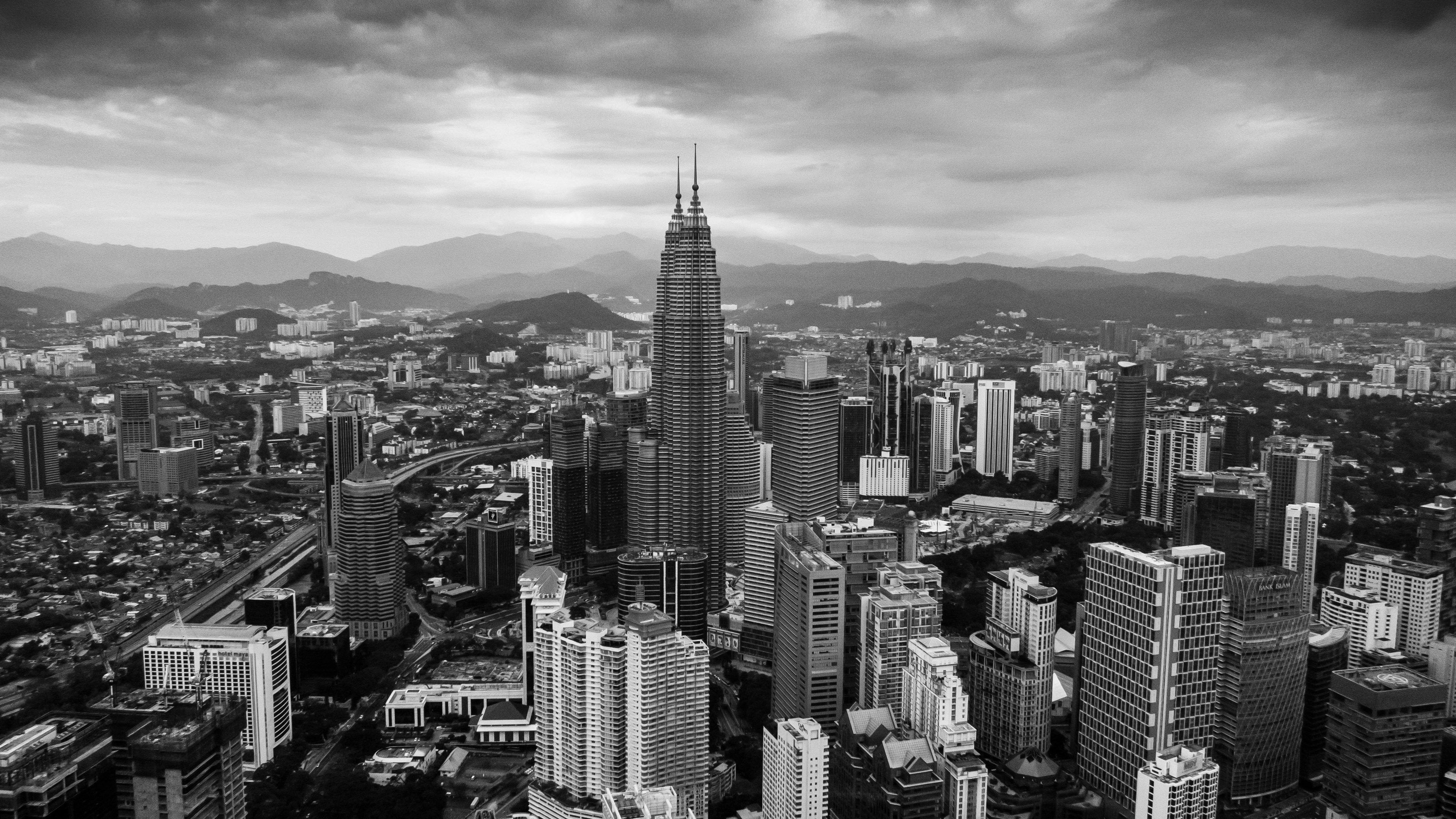 Kuala Lumpur, HD wallpaper, Cityscape wallpaper, Grayscale, 3840x2160 4K Desktop