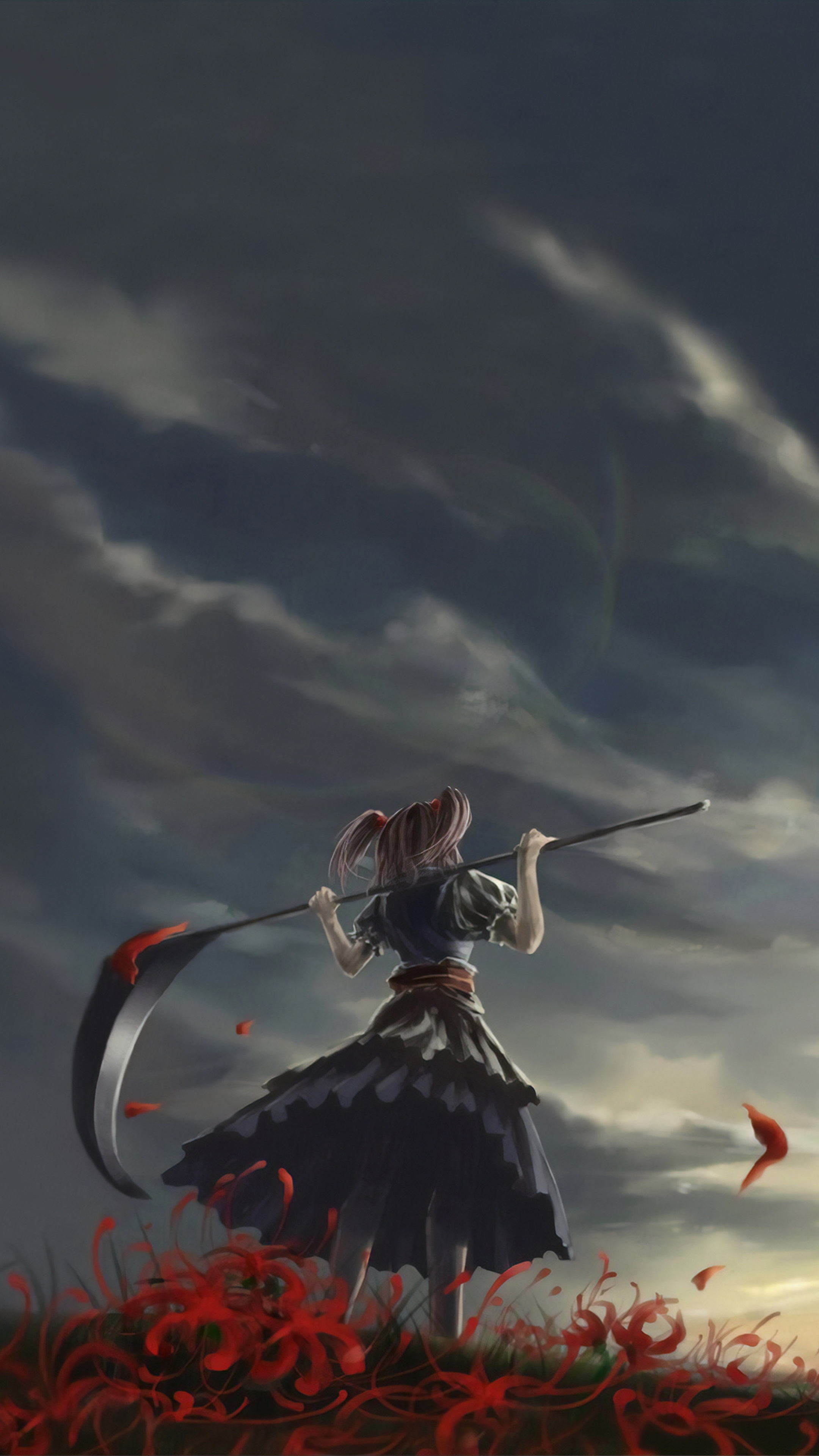 Anime Girl: Scythe, Fewer expressive key frames and more in-between animation. 2160x3840 4K Background.