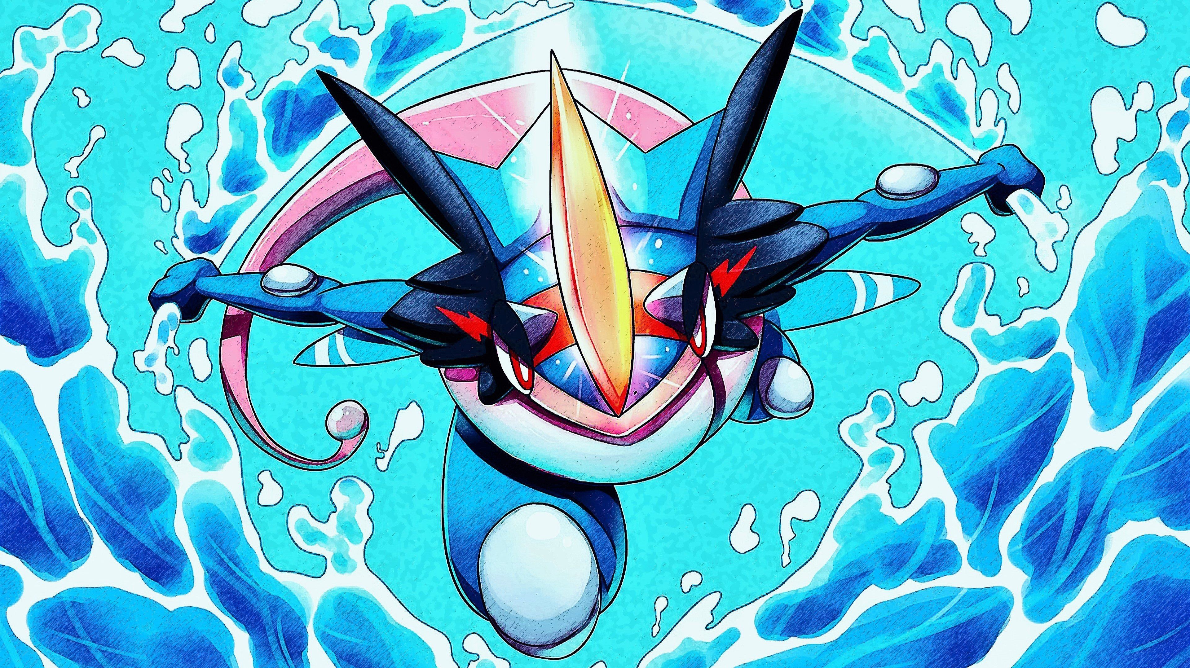 Greninja: A Water- and Dark-type Pokemon who is a frog-like master of swiftness and stealth. 3840x2160 HD Background.