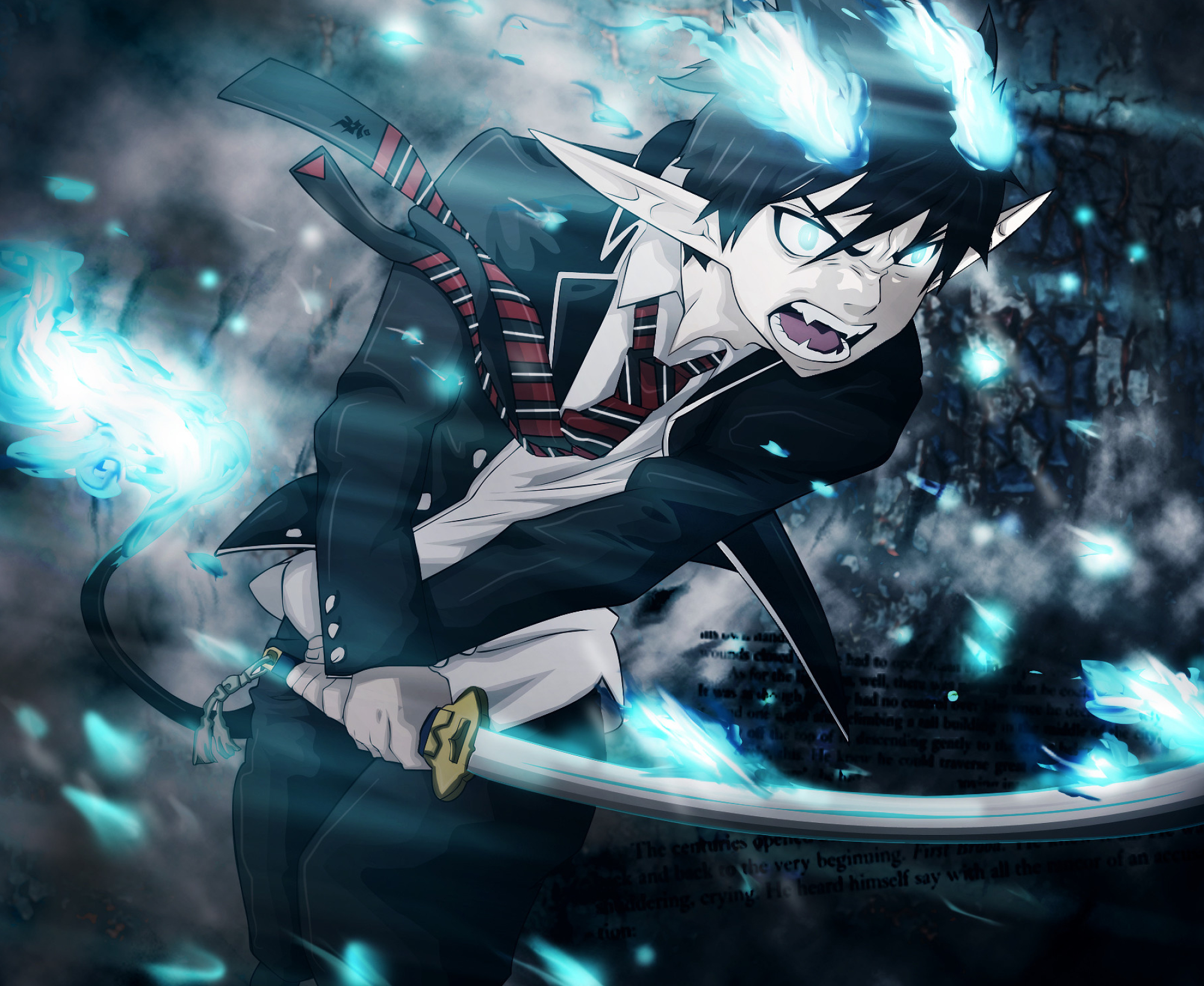 Blue Exorcist: Rin's Demon form, Gains two horn-like blue flames floating above his head. 2000x1640 HD Background.