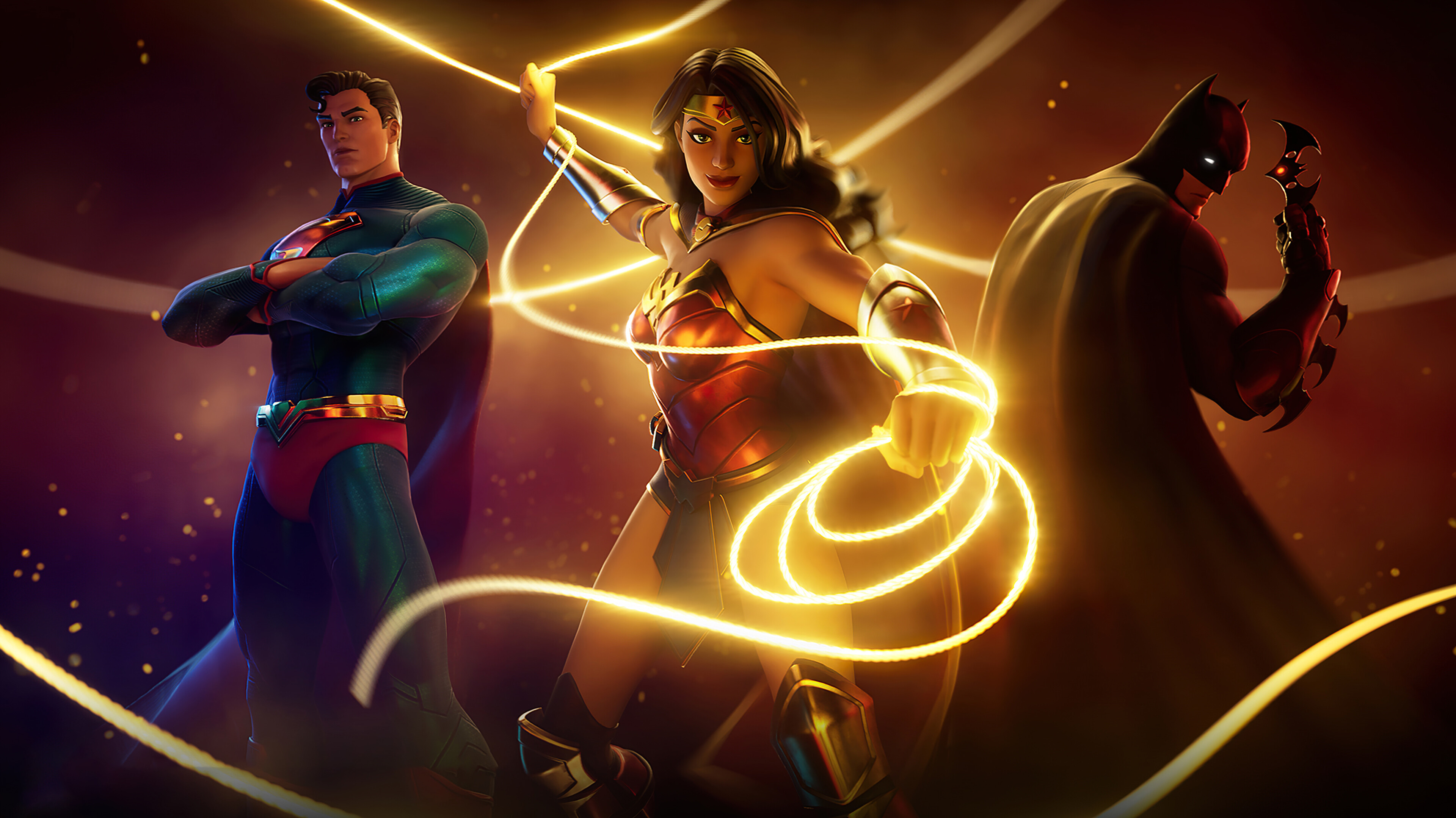 DC Heroes: Fortnite, Batman, Superman, Wonder Woman, Clark Kent, Bruce Wayne. 3840x2160 4K Background.