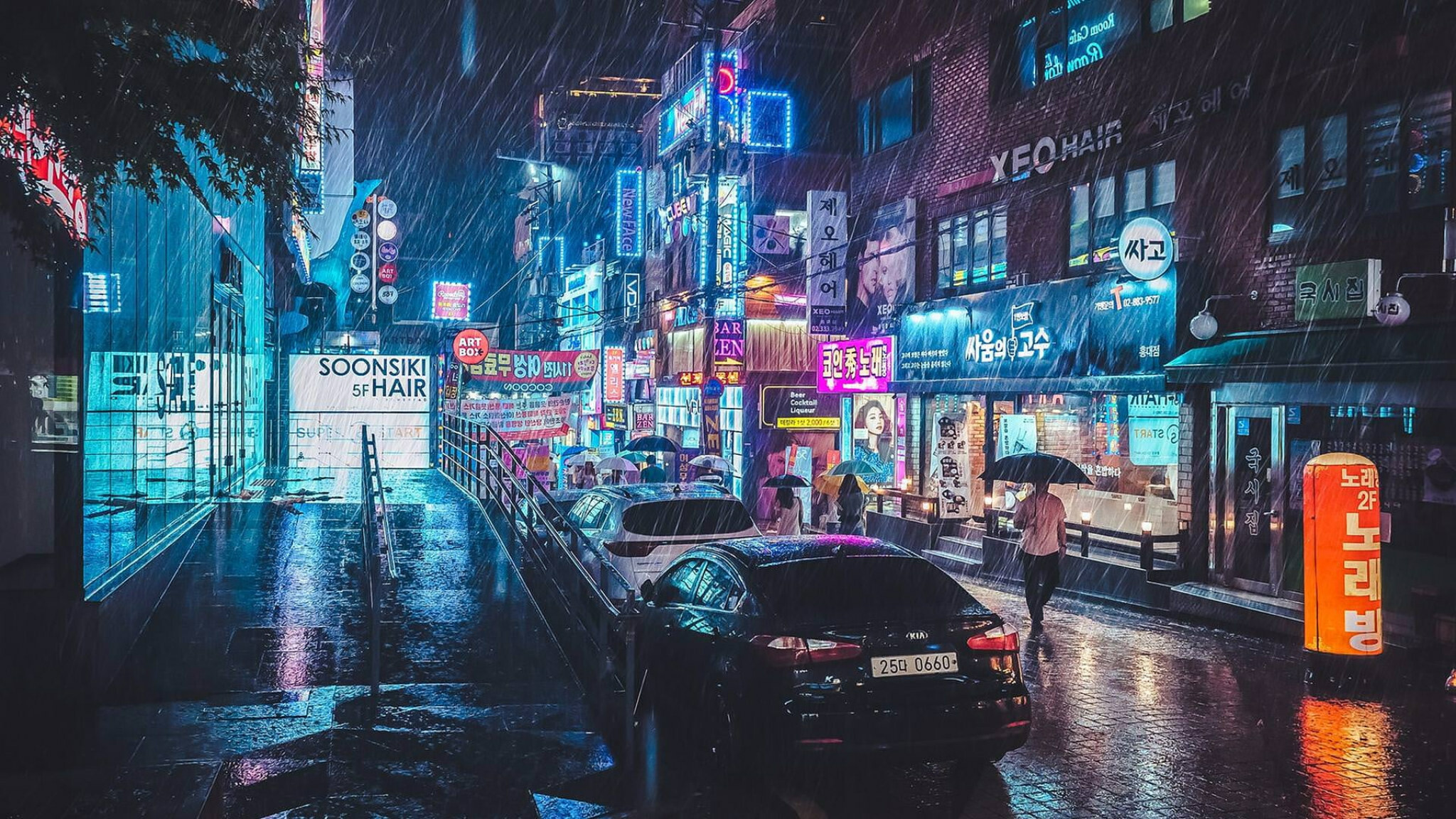 Korea: Street, Neon, Rain, Reflection, Korean city. 2050x1160 HD Wallpaper.