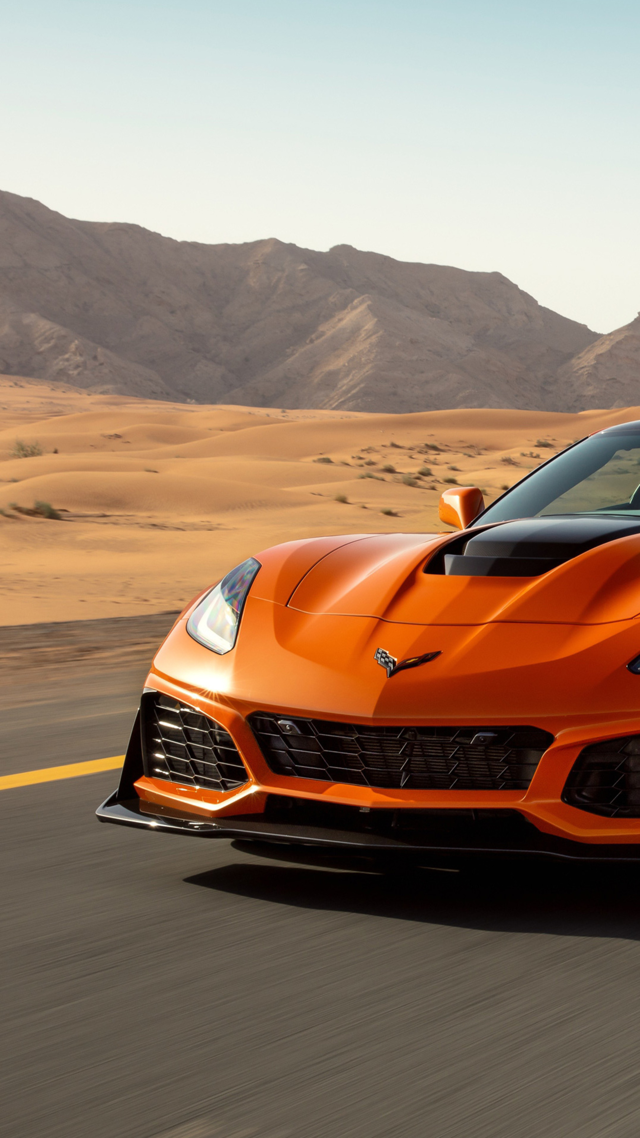 Corvette: Chevy ZR1 2019, Front splitter, Orange sports car, C7 generation model. 2160x3840 4K Wallpaper.