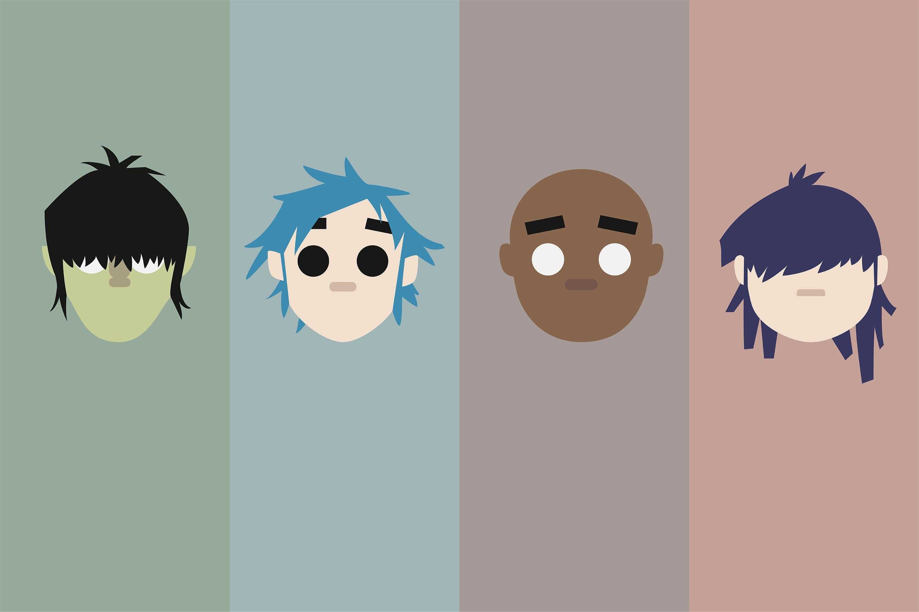Gorillaz: The cartoon band members, 2D, Murdoc, Noodle and Russel, Animated group. 3000x2000 HD Background.