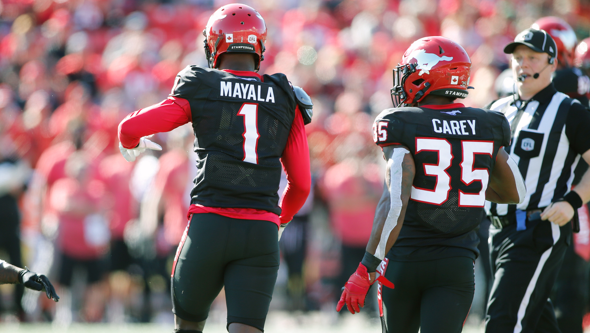 Canadian Football: Hergy Mayala and Ka'Deem Carey of The Calgary Stampeders, The CFL West Division, Referee. 2050x1160 HD Wallpaper.