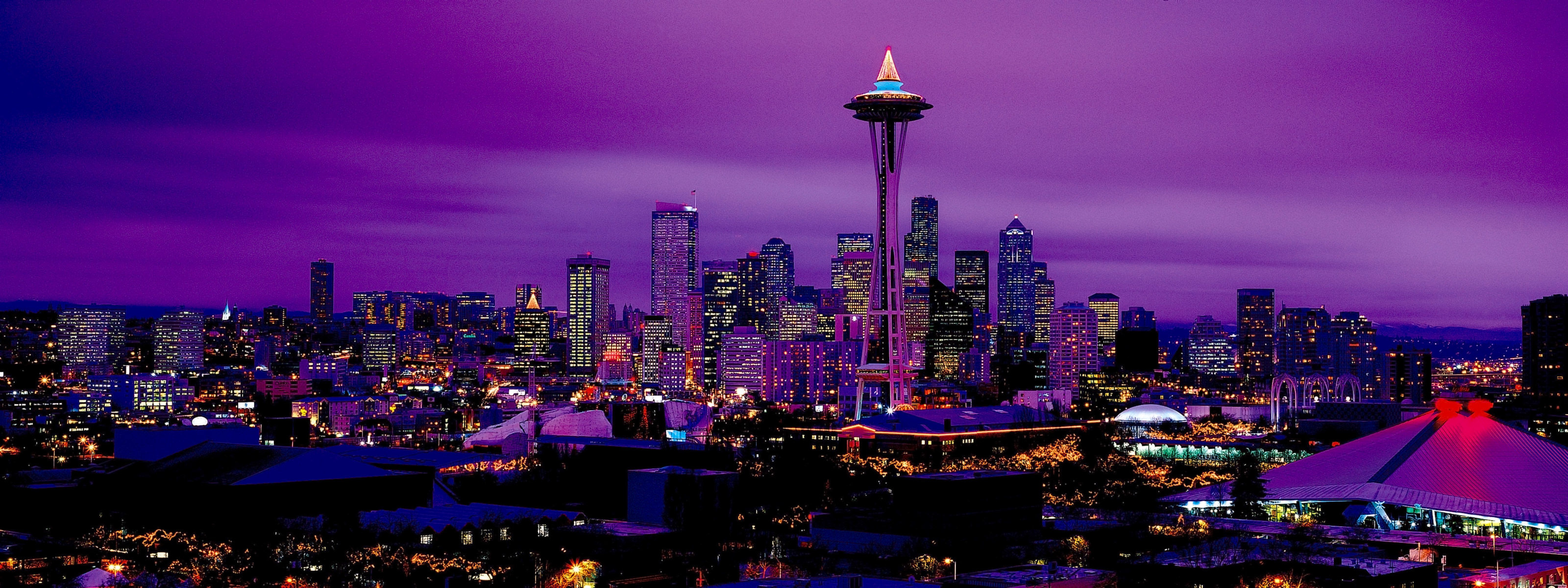 Night skyscrapers, Seattle Washington, 3200x1200 Dual Screen Desktop