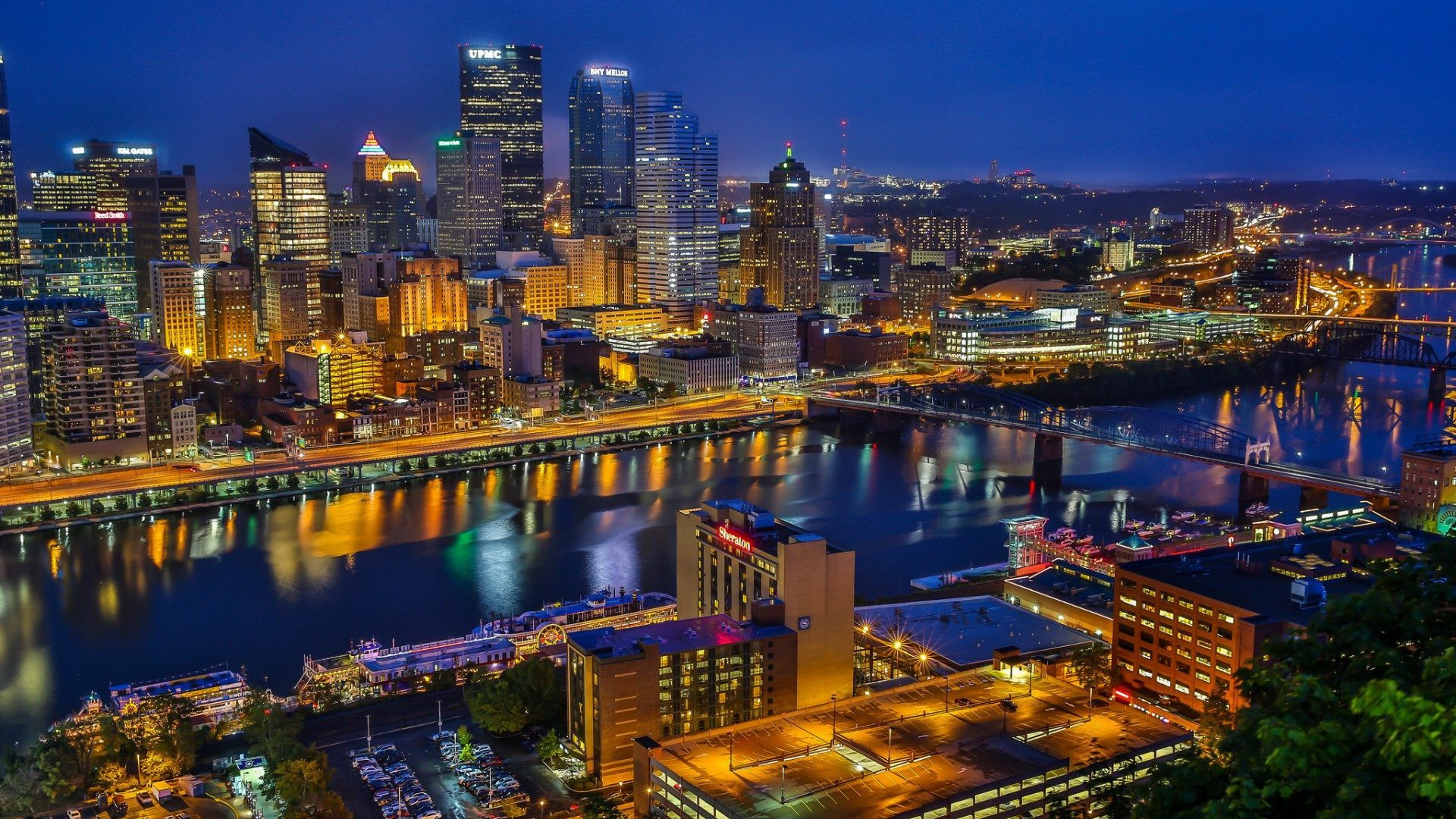 Aerial view of Pittsburgh, Transparent wallpaper, UPMC health system, City skyline, 1920x1080 Full HD Desktop