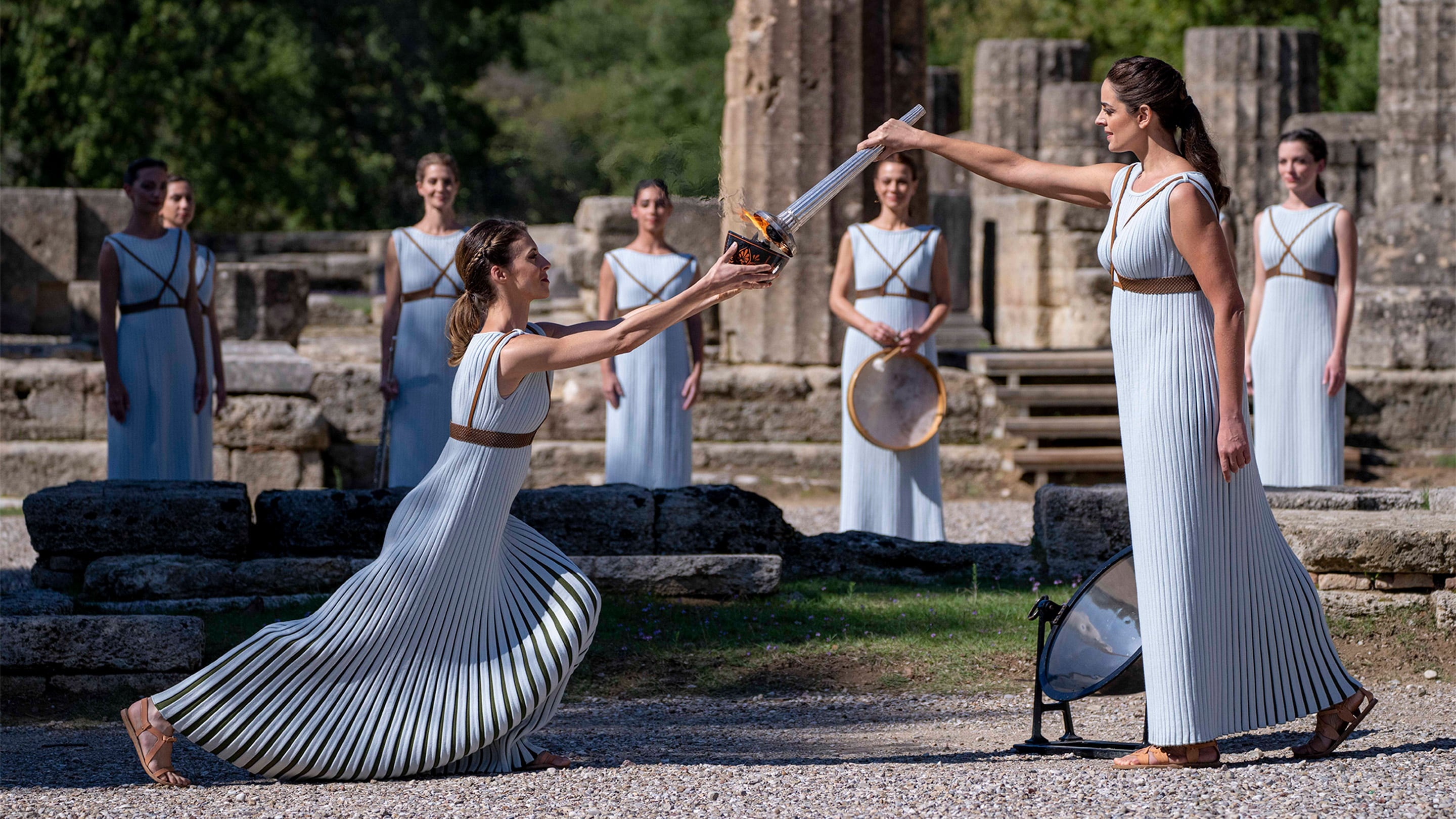Olympic Flame: Ancient Olympia, The Temple of Hera, The ceremony in the historic Panathenaic Stadium in Athens, Beijing 2022. 2880x1620 HD Wallpaper.