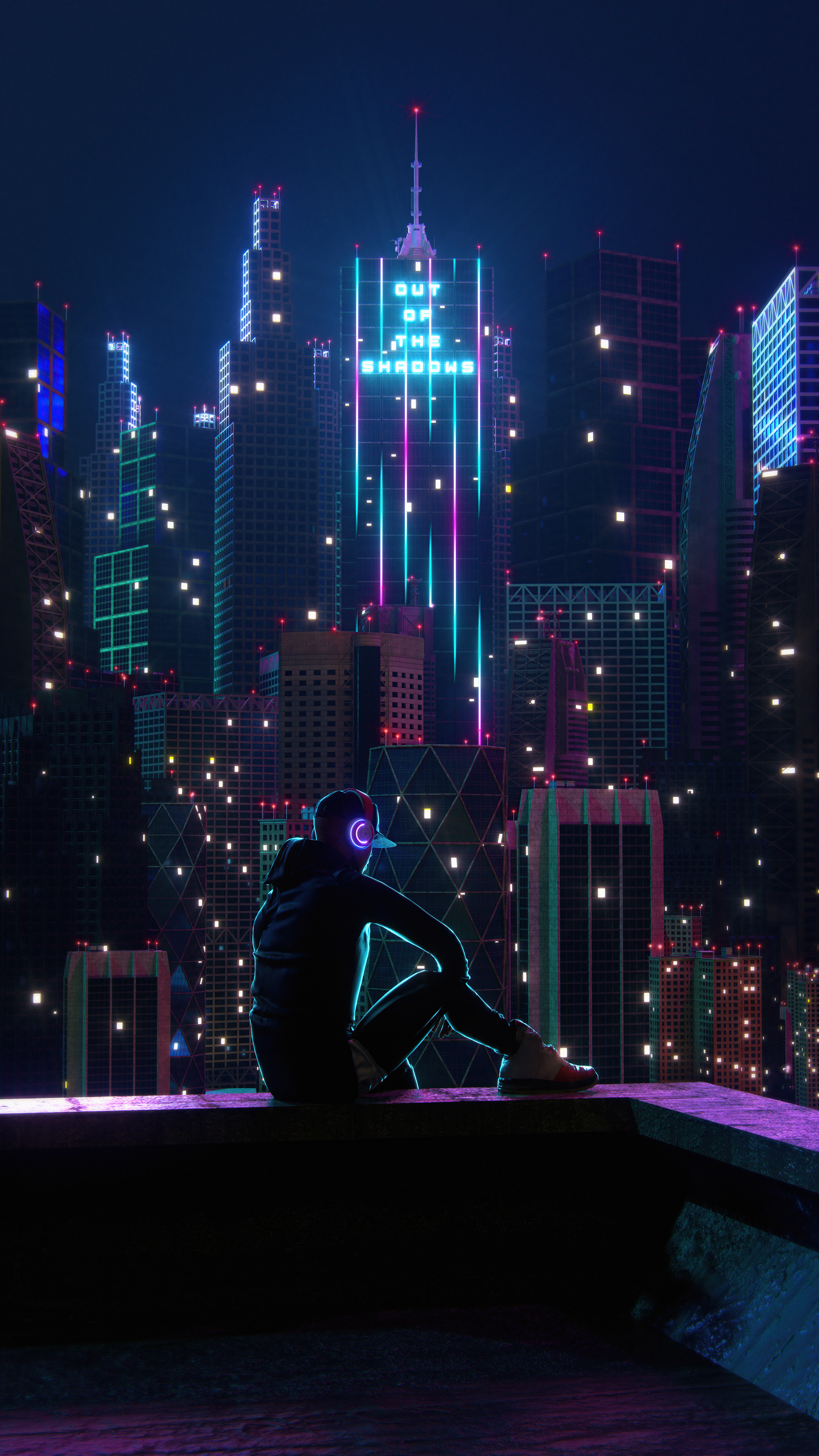 Boy sitting on rooftop, Neon lights, Sony Xperia, 4K wallpapers, 2160x3840 4K Handy