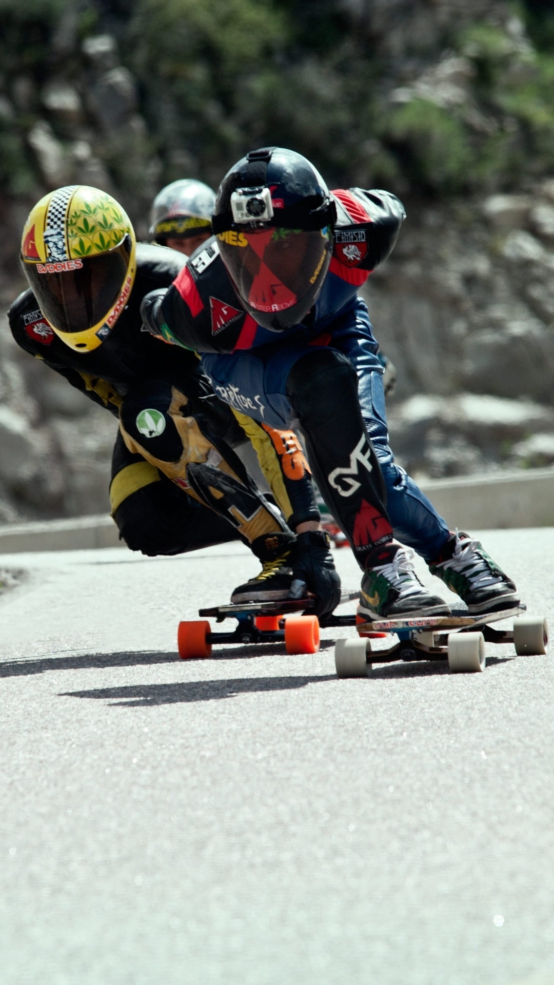 Longboarding: Long-distance skateboard racing, The Broadway Bomb in New York, Extreme competition sport. 1080x1920 Full HD Background.