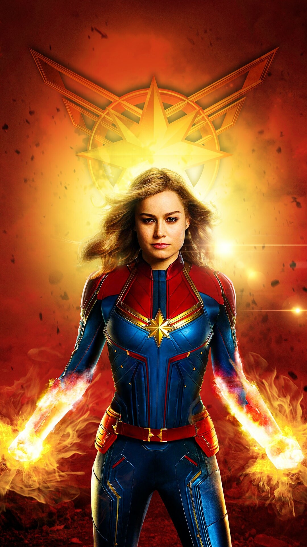 Captain Marvel: Brie Larson portrays Carol Danvers in the live-action Marvel Cinematic Universe films. 1080x1920 Full HD Background.