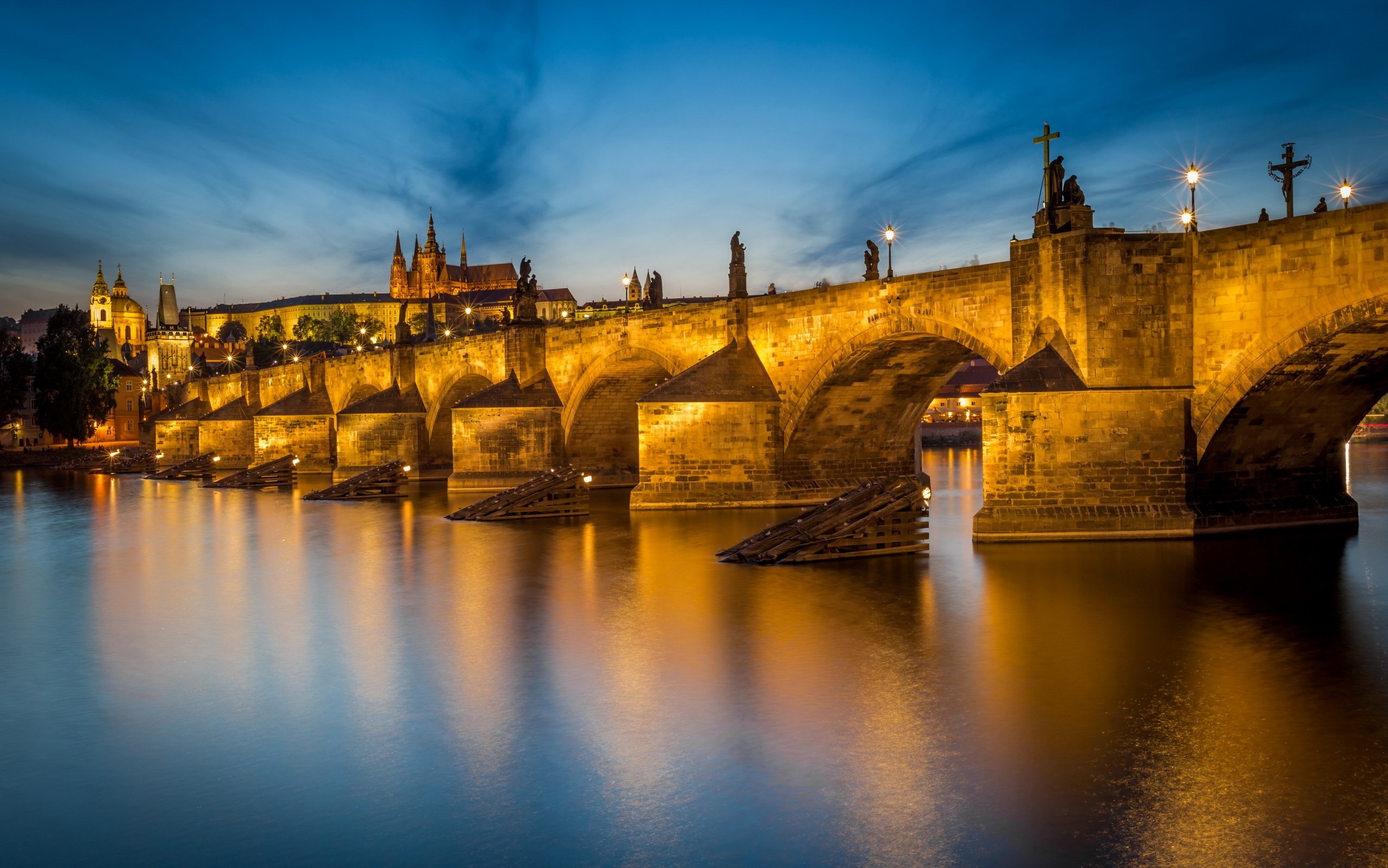 Bridges in Prague, Charles Bridge at night, Urban cityscape, Wallpaper background, 2560x1600 HD Desktop