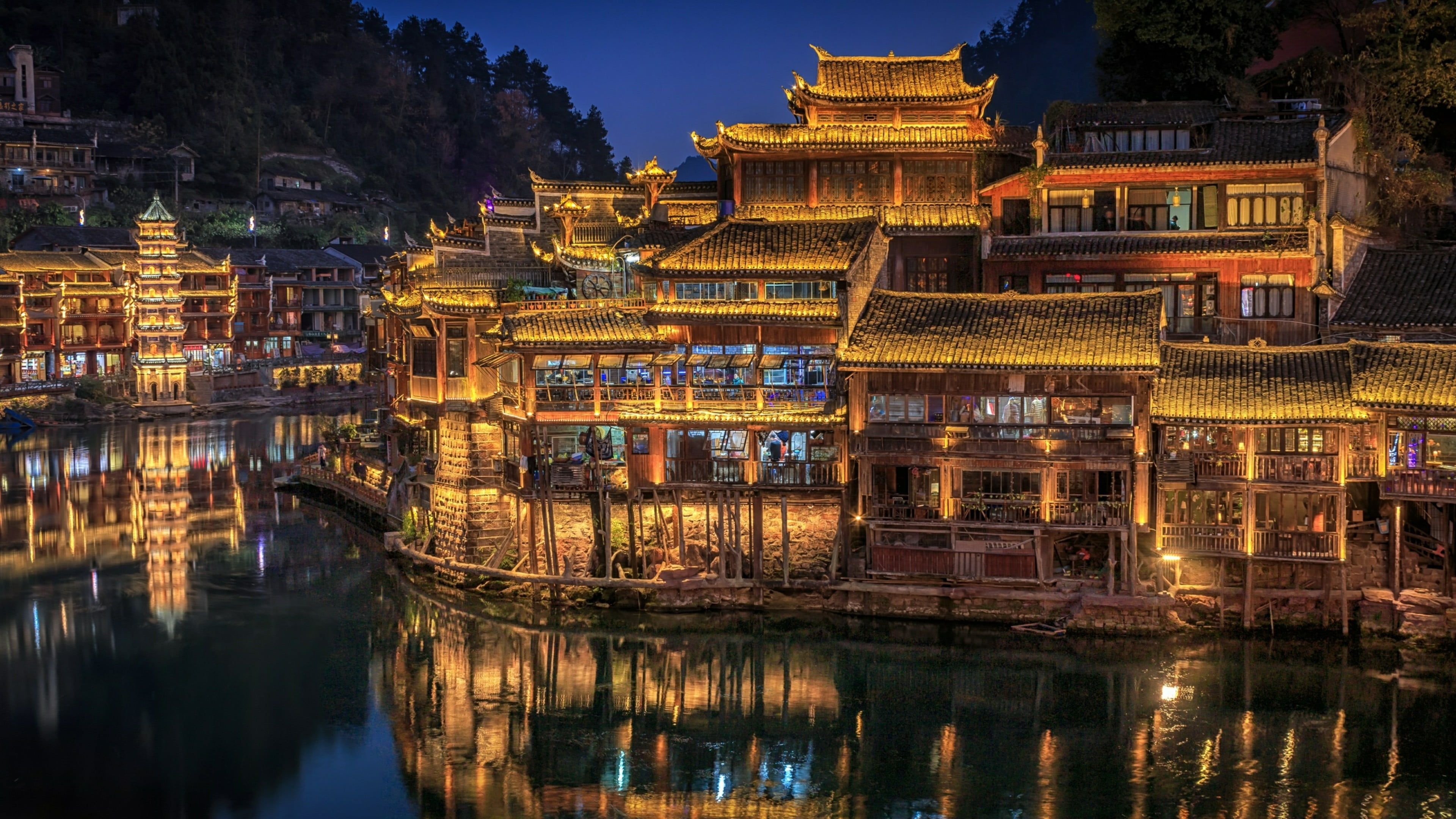 Asia tourism, Hunan fenghuang, Chinese architecture, Ancient buildings, 3840x2160 4K Desktop