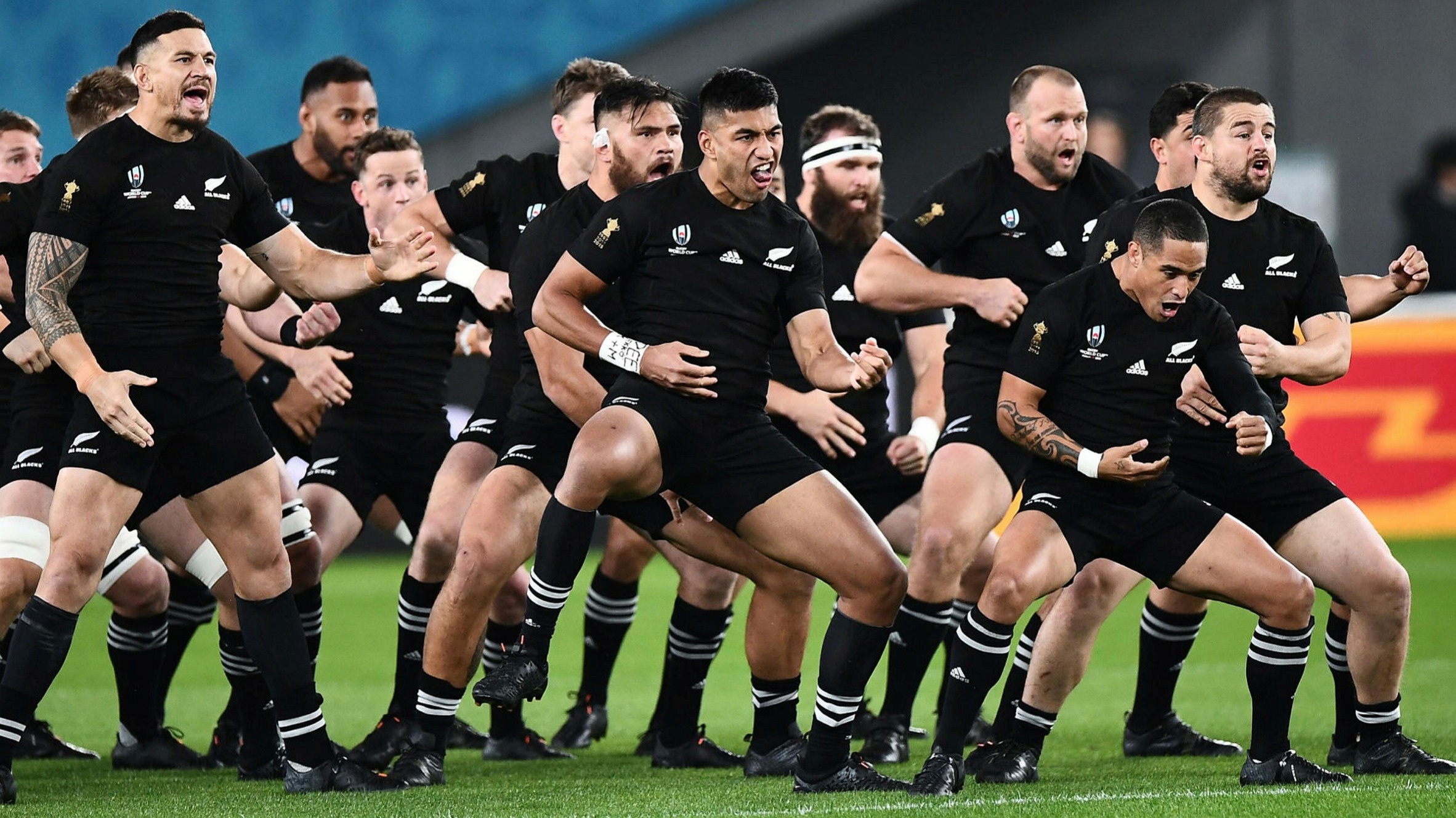 Haka: New Zealand’s All Blacks, Performing the Maori traditional dance before a rugby match. 2370x1330 HD Wallpaper.