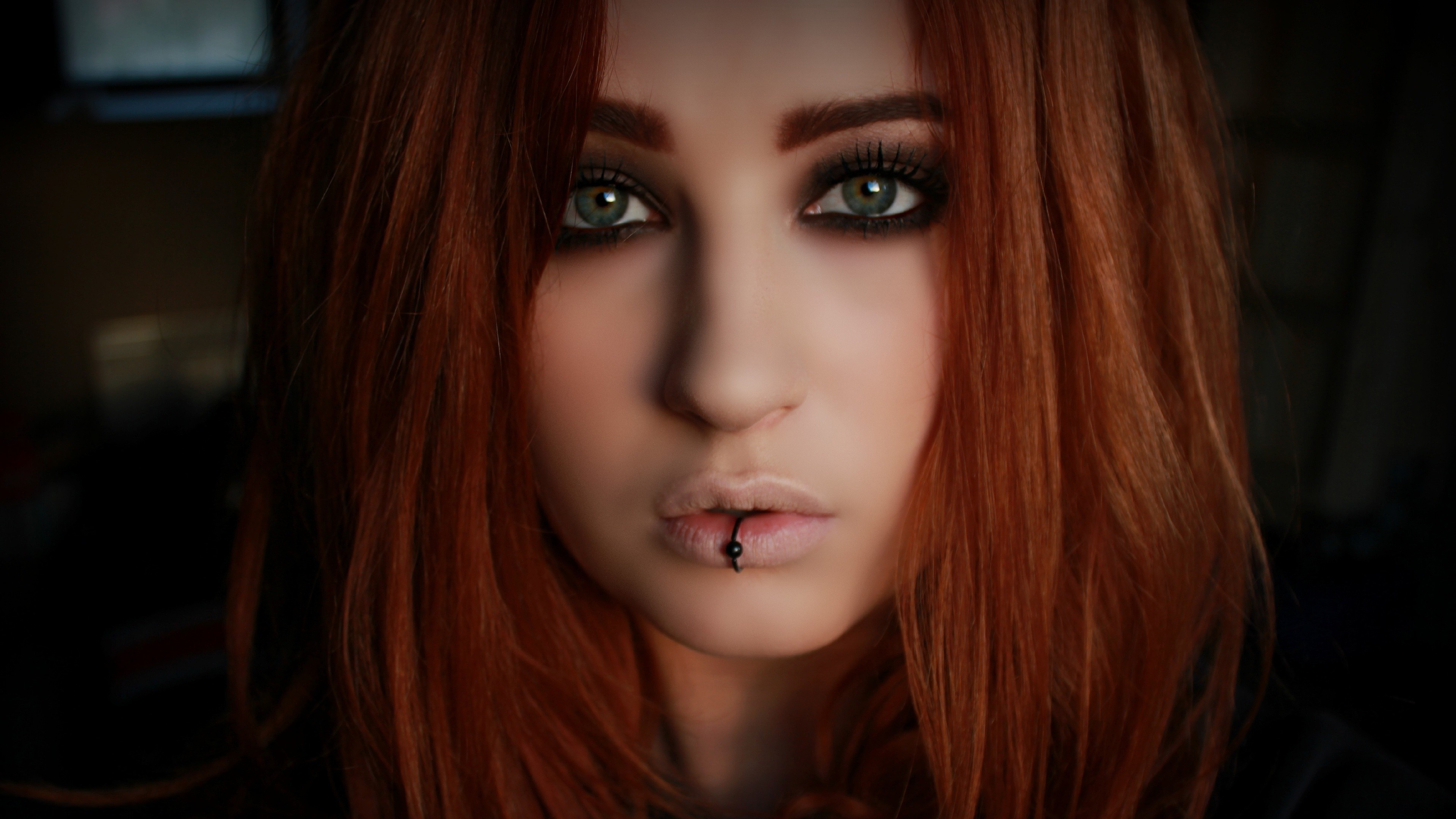 Redhead model, Piercing mouth, Women with piercings, Macabre lip ring, 3840x2160 4K Desktop
