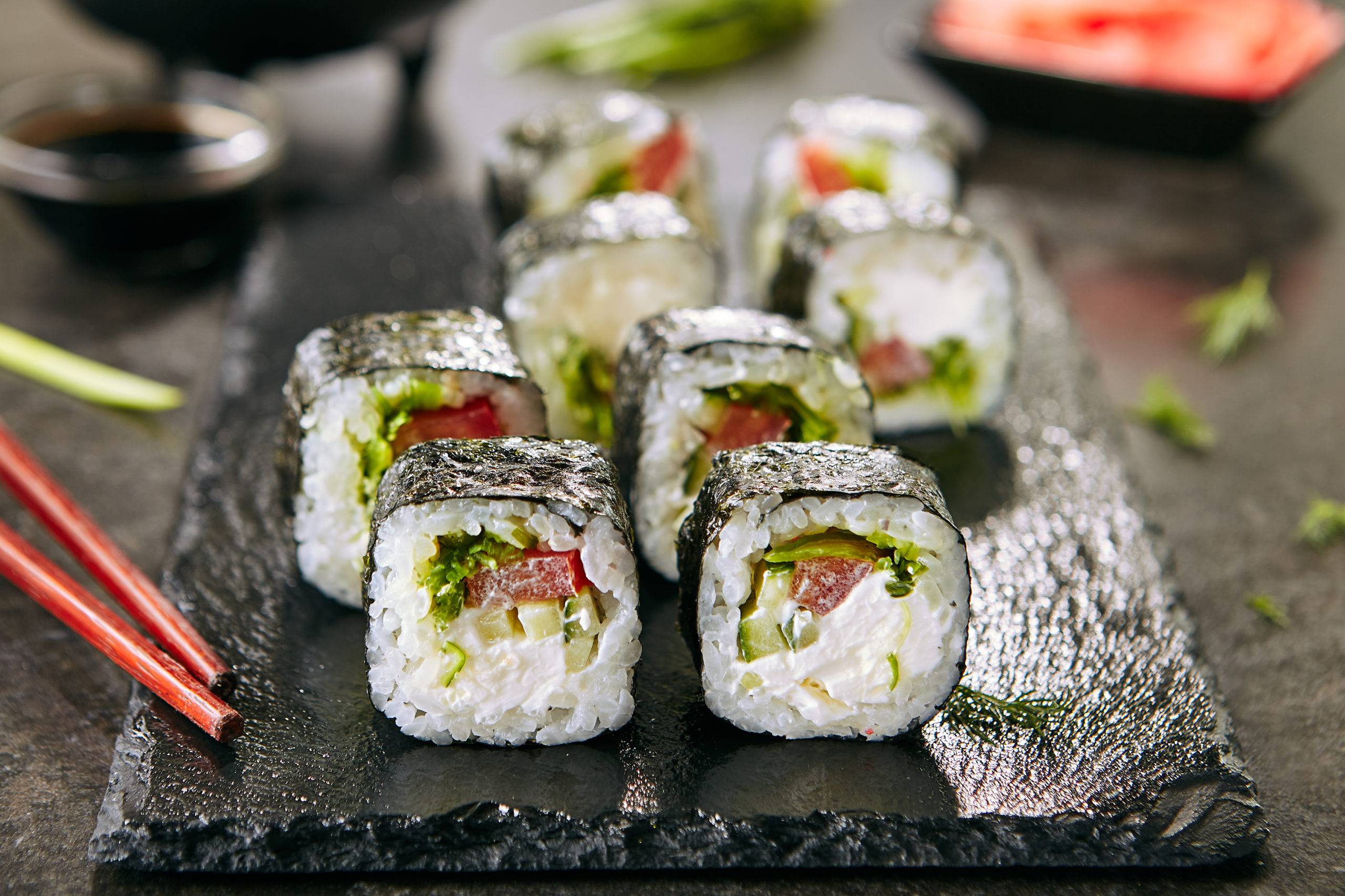 Sushi: Maki, also known as Makizushi, Traditional rolls. 2560x1710 HD Background.