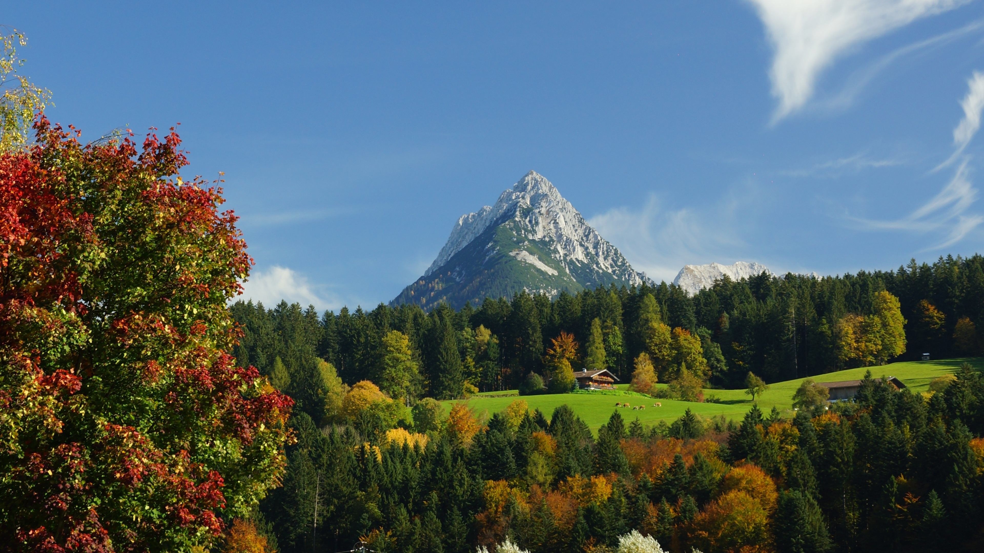 Landscape: An alpine village that lies down the snowy mountain, Switzerland. 3840x2160 4K Wallpaper.