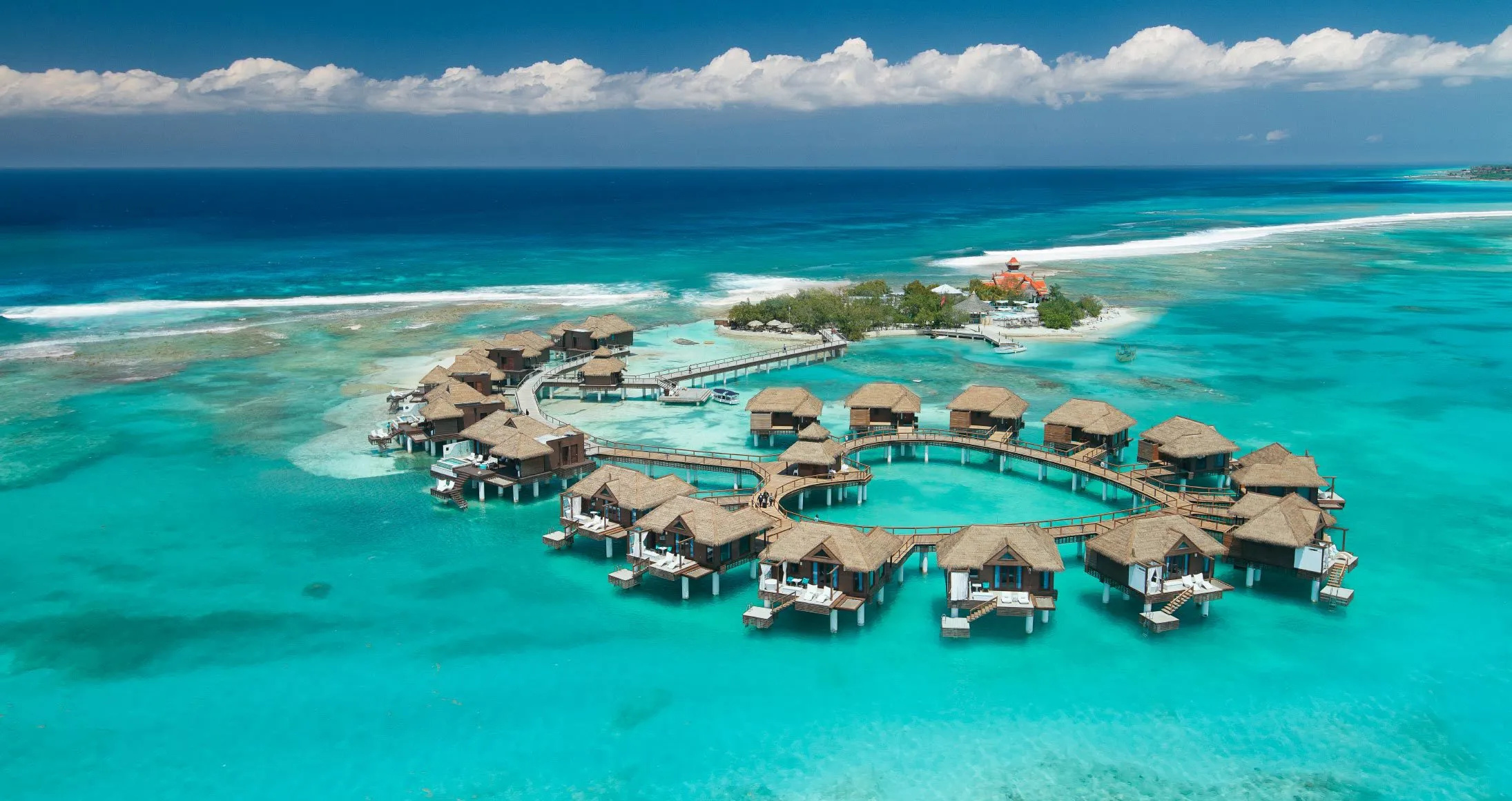 Bungalow: Jamaica's Sandals Royal Caribbean Resort, Private island, Overwater vacation houses. 2190x1160 HD Wallpaper.