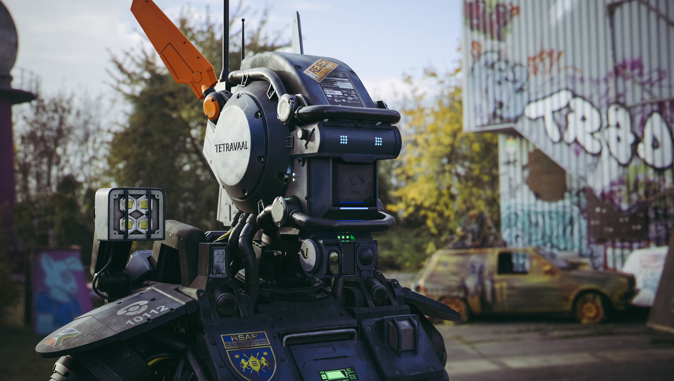Chappie: The story of a police robot who develops the ability to think and feel for himself. 2310x1310 HD Background.