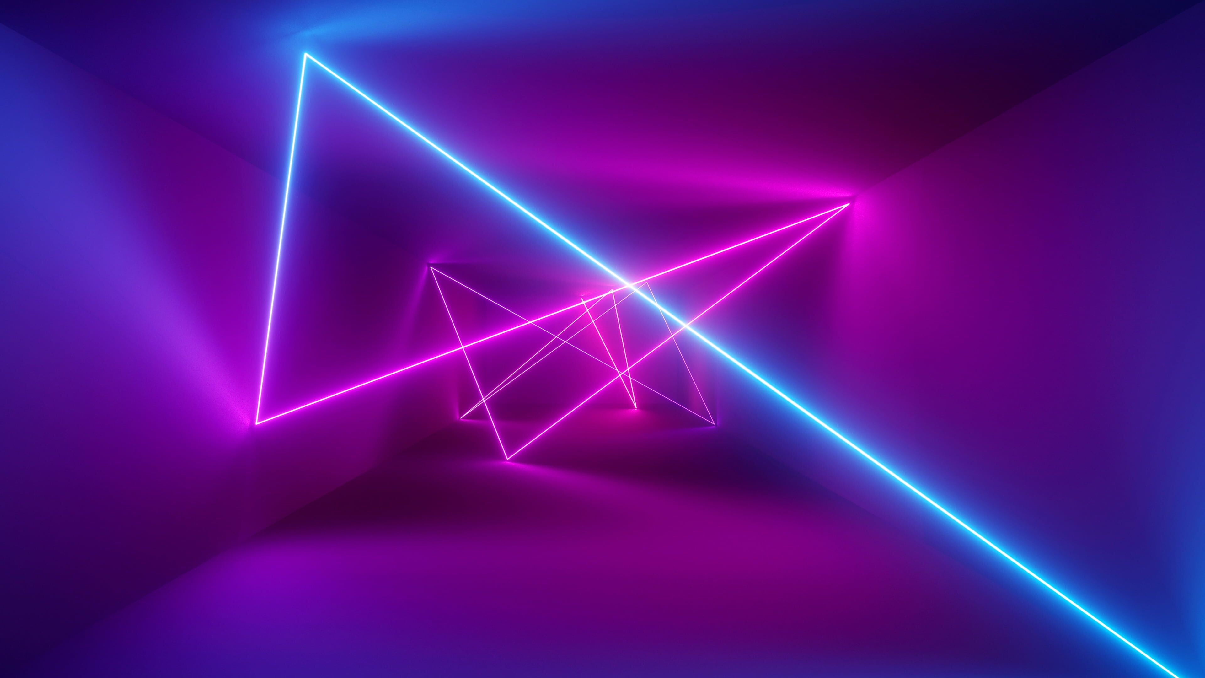 Glow in the Dark: Visual effect lighting, Neon triangles, Magenta, Colorful tunnel. 3840x2160 4K Wallpaper.