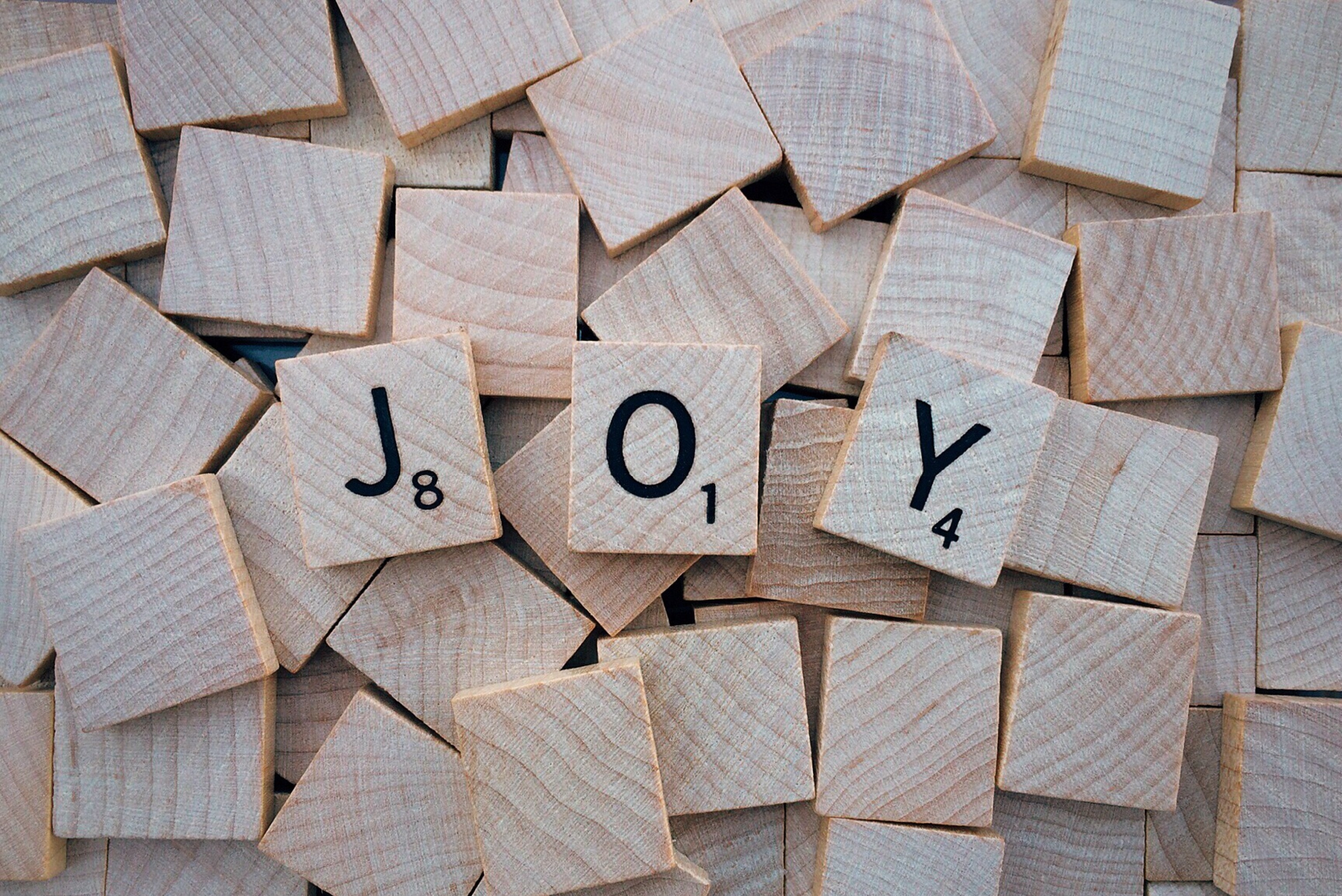 Scrabble: Joy, Motivational word spelled out in wooden game tiles, Mind games. 3050x2040 HD Wallpaper.