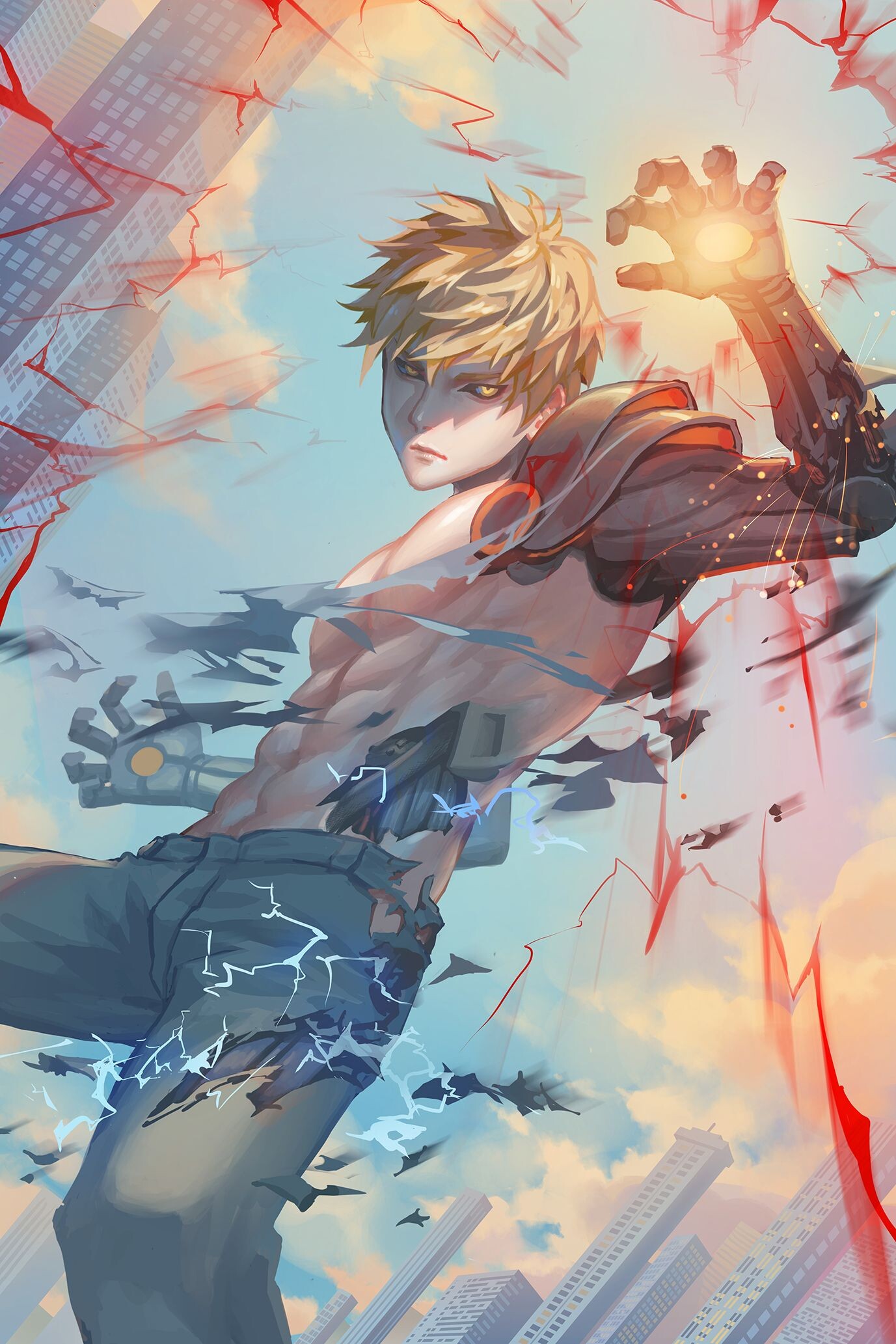 Genos: One-Punch Man, A character whose family was killed by a Mad Cyborg, Machine Gun Blow. 1380x2070 HD Background.