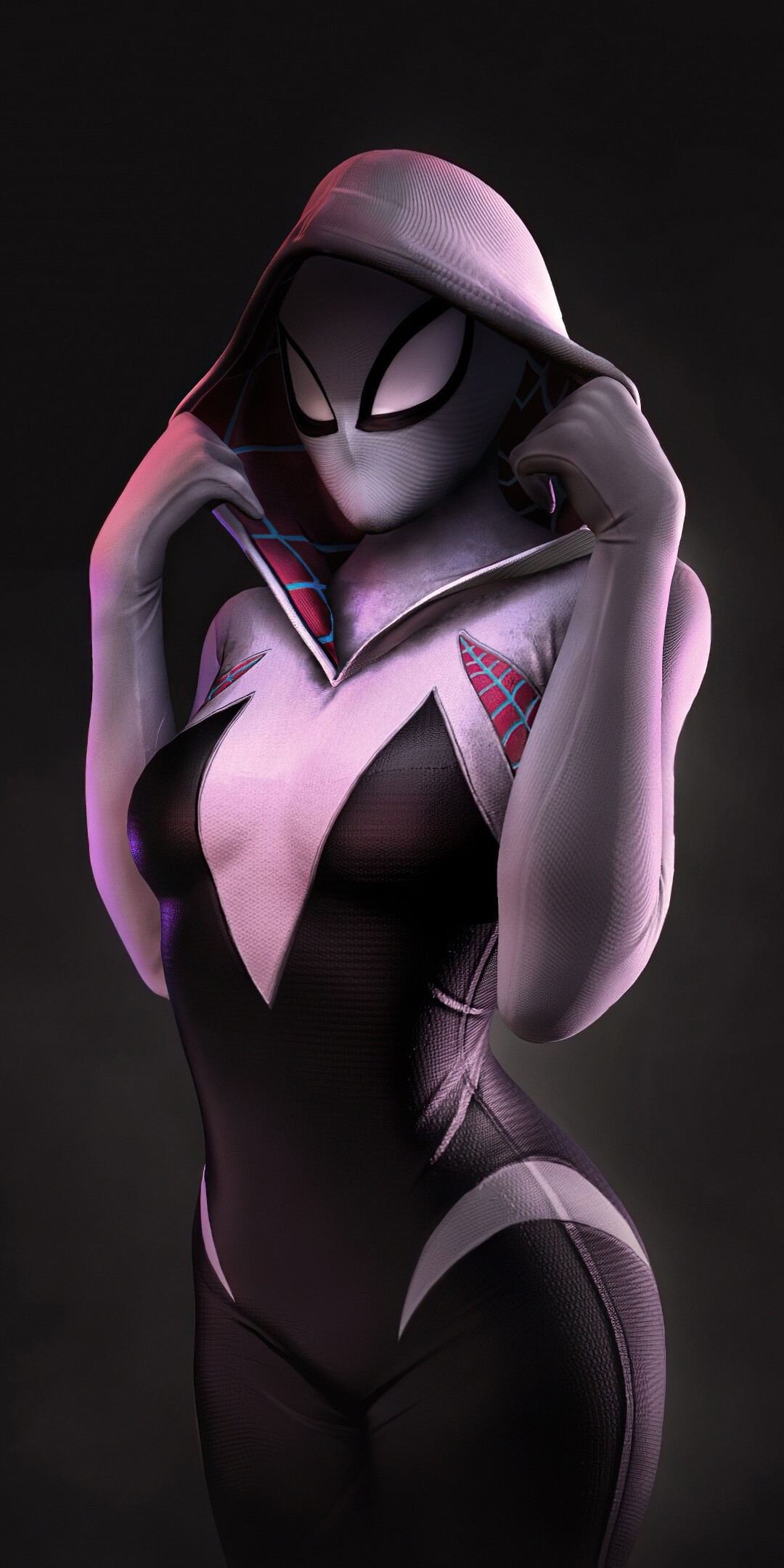 Gwen Stacy: Ghost-Spider, Was bitten by a genetically-engineered spider, and granted arachnid-like super-powers. 1080x2160 HD Background.