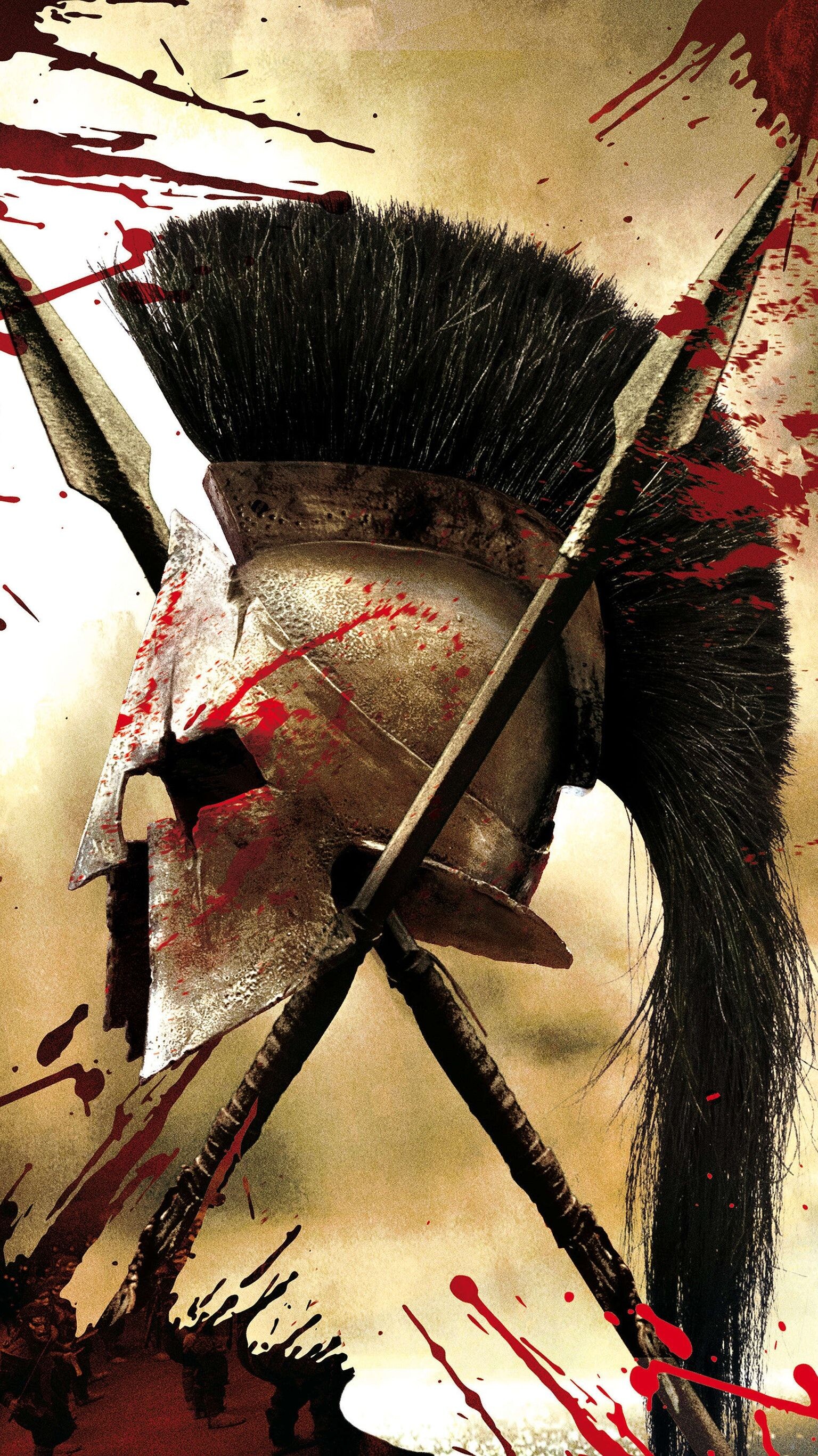 Sparta: Crossed spears and a bloody helmet, 300 - a historical film, The imagery of the original comic book. 1540x2740 HD Wallpaper.