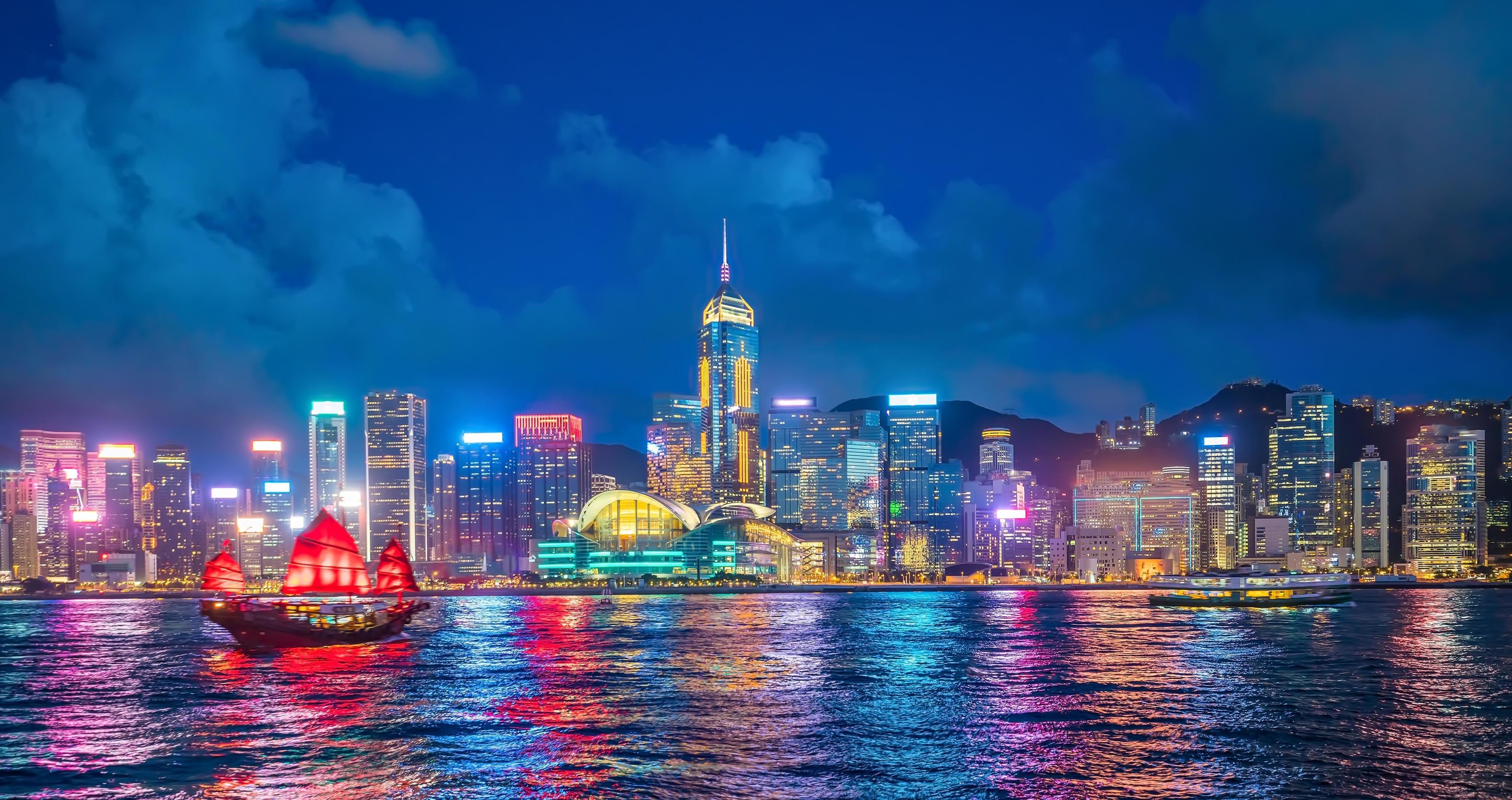 Hong Kong Skyline, Vibrant city lights, Urban beauty, Travel destination, 3500x1860 HD Desktop