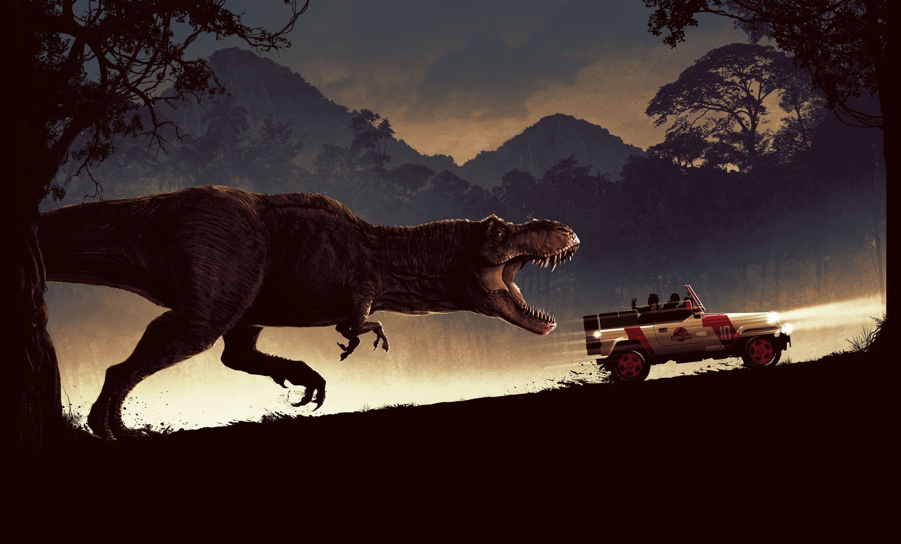 Jurassic Park car, Tyrannosaurus Rex wallpaper, Movie nostalgia, Adventure theme, 2880x1740 HD Desktop