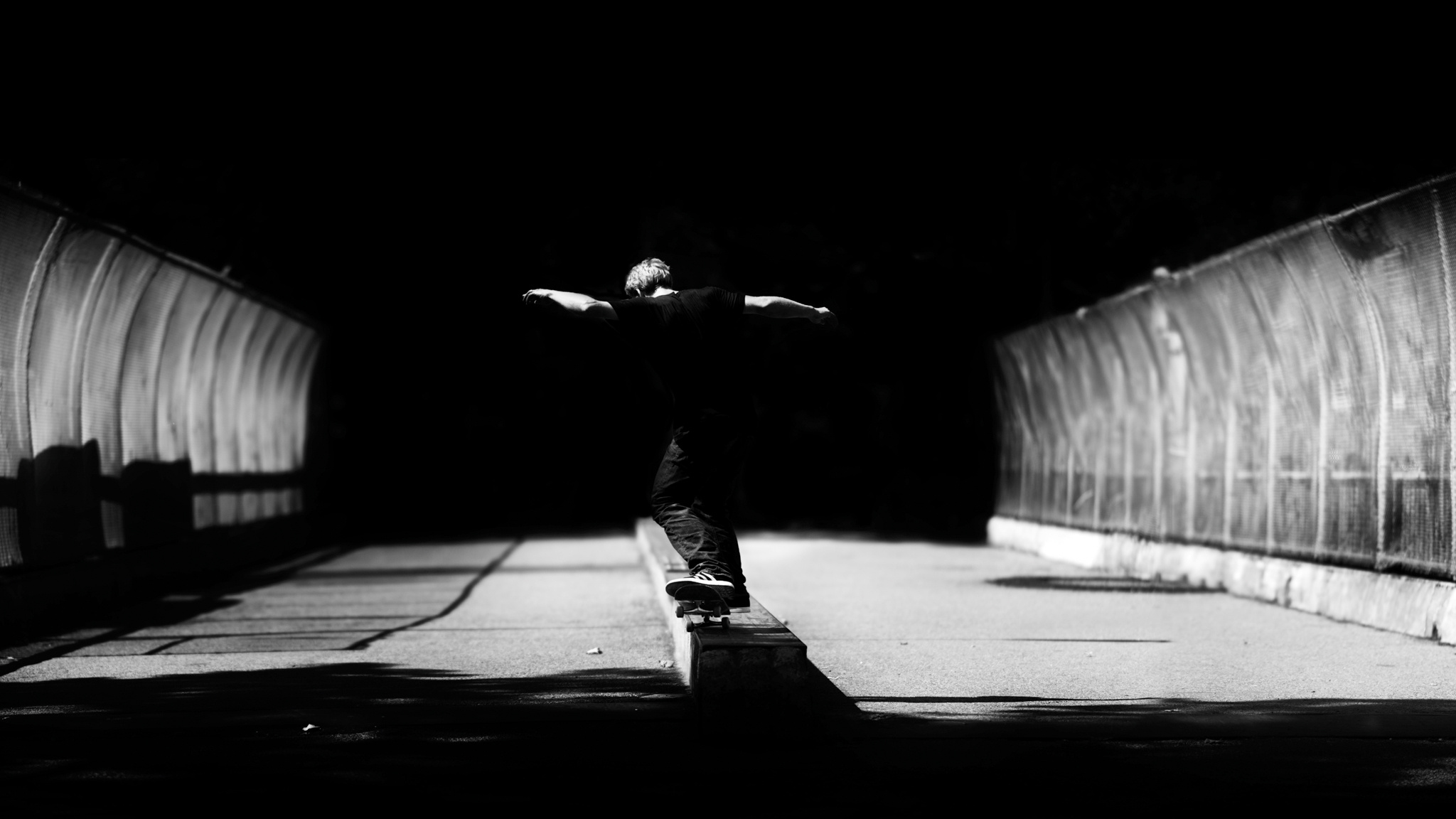 Skateboarding: Monochrome street action sport, Riding a skateboard in Downtown, NY. 2050x1160 HD Wallpaper.