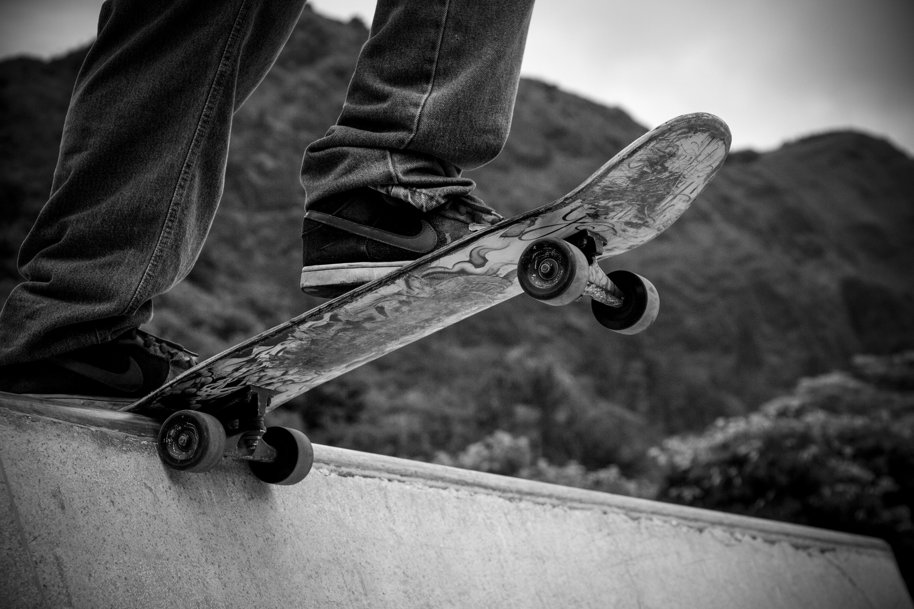 Skateboarding: Monochrome skateboard rider, Outside recreational activity and a street sports discipline. 3000x2000 HD Wallpaper.