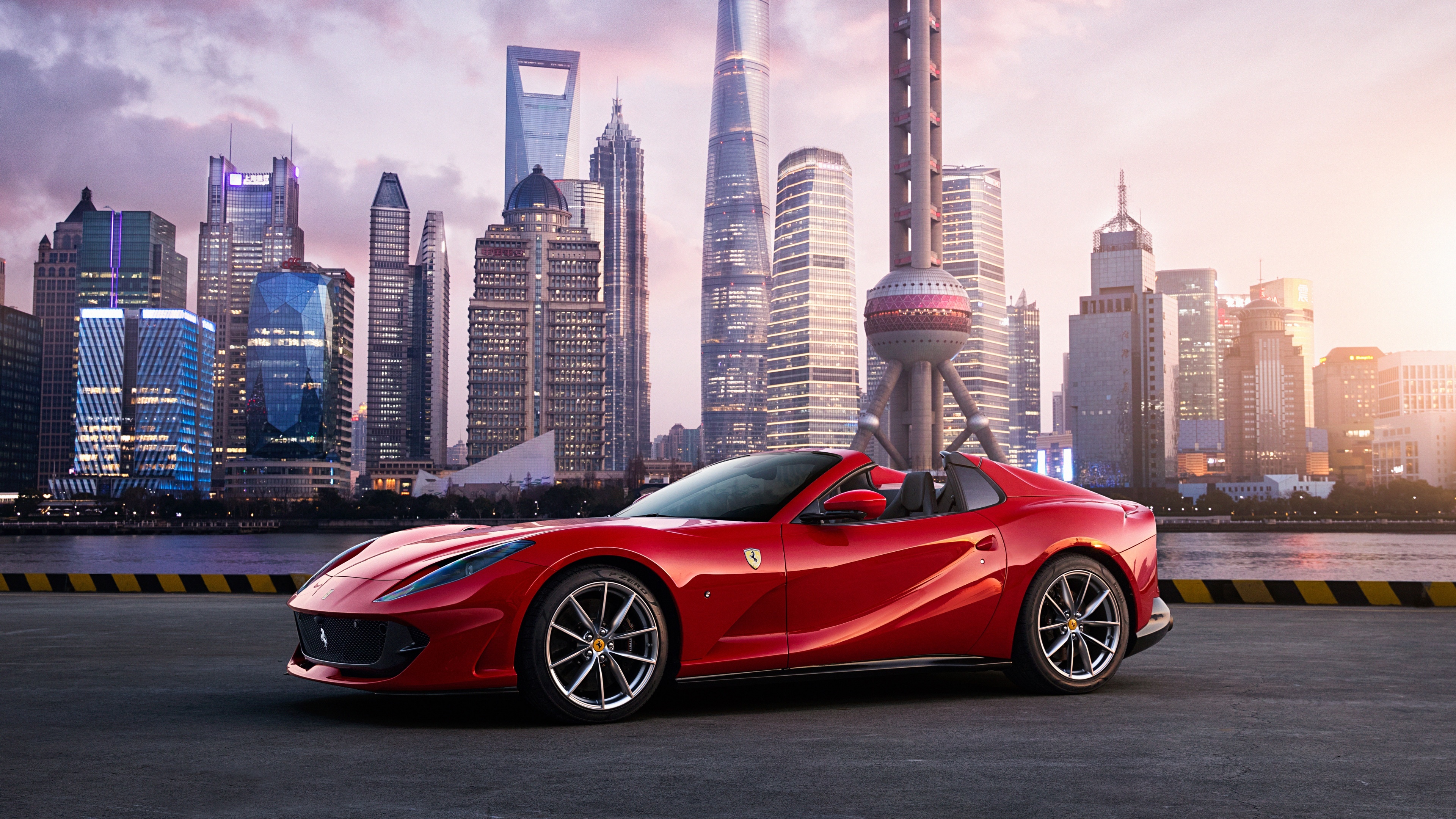 Ferrari 812 GTS, 4k red cars, Shanghai cityscape, Skyscrapers, 3840x2160 4K Desktop