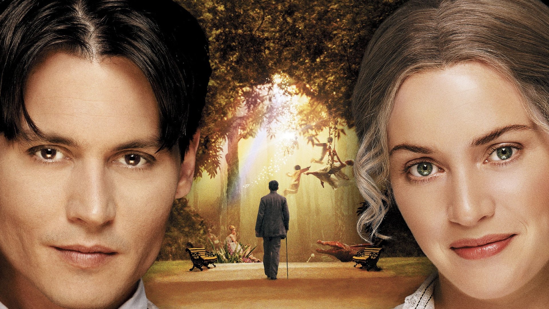 Finding Neverland: Johnny Depp as J. M. Barrie, Kate Winslet as Sylvia Llewelyn Davies. 1920x1080 Full HD Background.