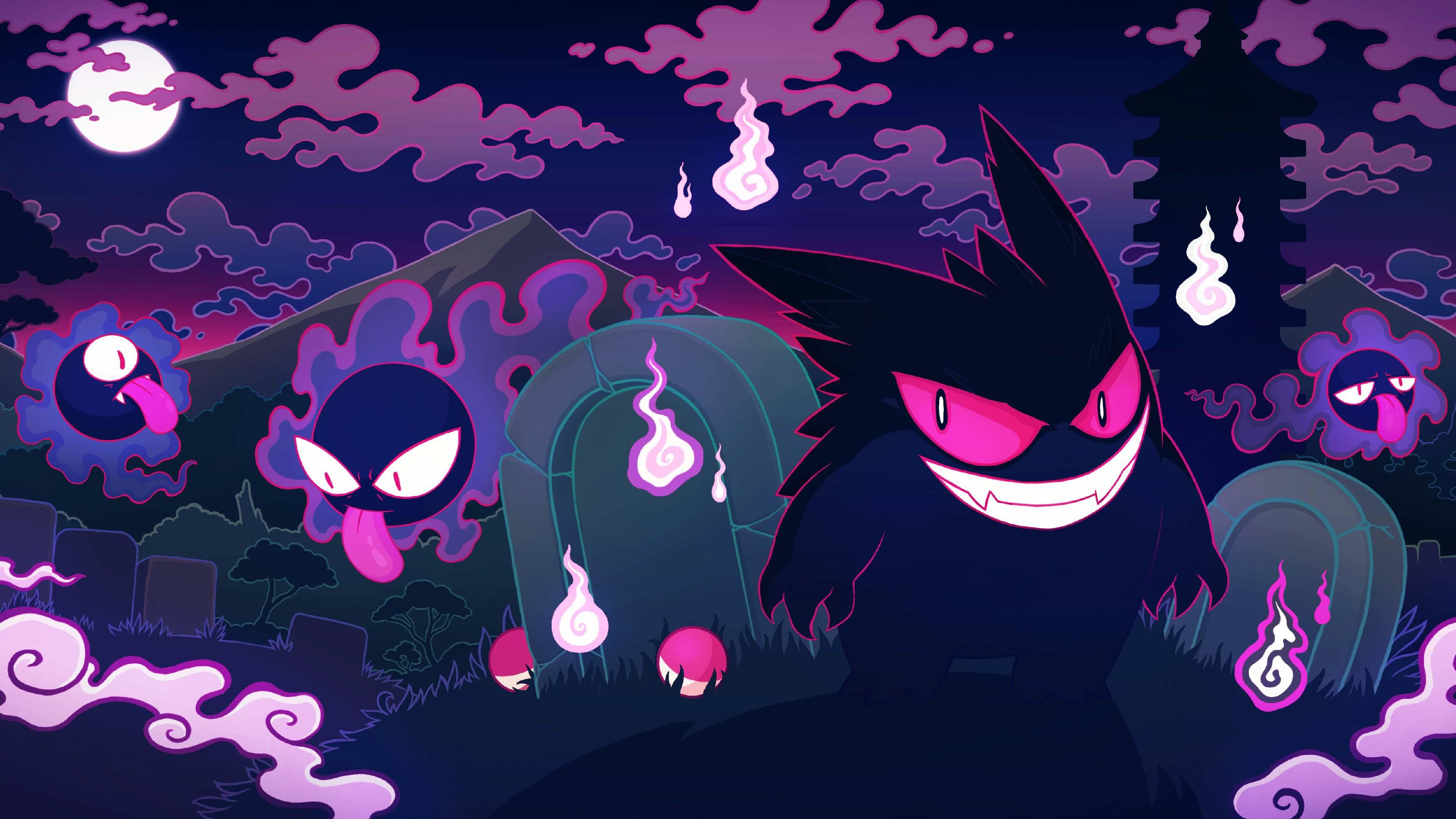 Gengar: Lavender town, Fictional village in the Pokemon Red and Blue video games, A burial ground. 3840x2160 4K Wallpaper.