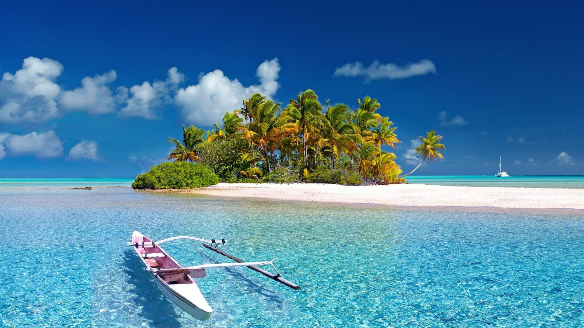 Island: South sea, Palm tree, Tropics, Ocean, Beach. 1920x1080 Full HD Wallpaper.