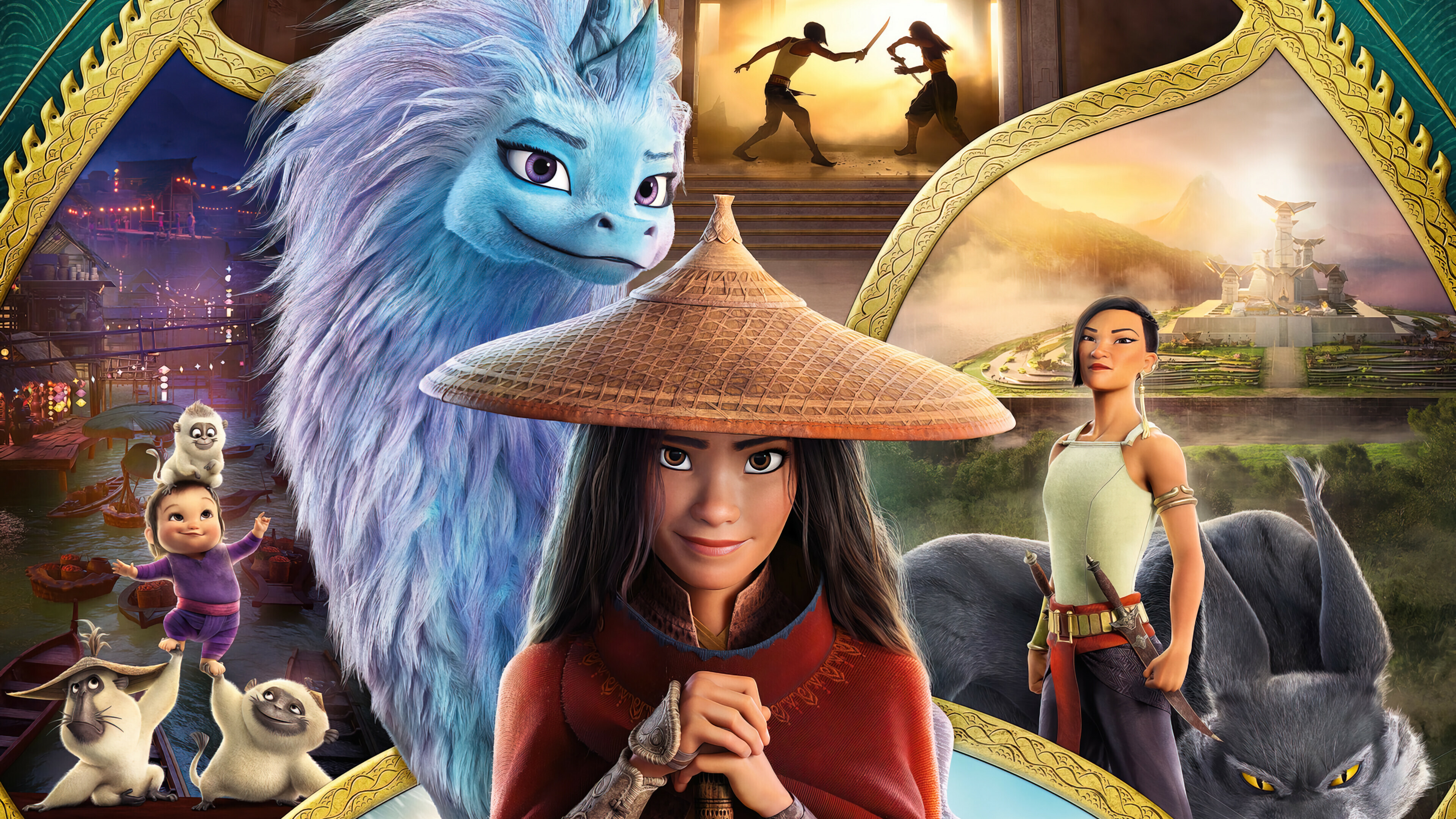 Raya and the Last Dragon: Namaari, Raya, Sisu, Noi, 2021 animated film. 3840x2160 4K Background.
