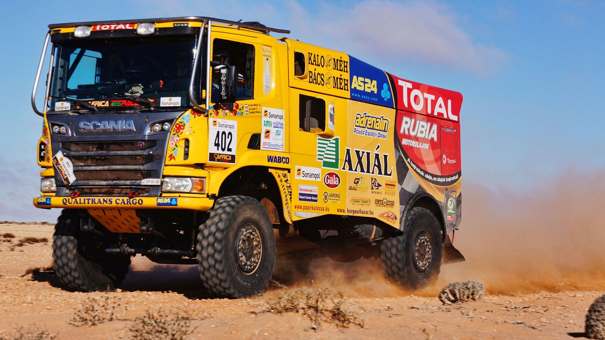 Rally Raid: Qualitrans Cargo, Scania Truck, Powerful Engine, Harsh Desert Conditions, Sport Utility Vehicle. 2050x1160 HD Wallpaper.